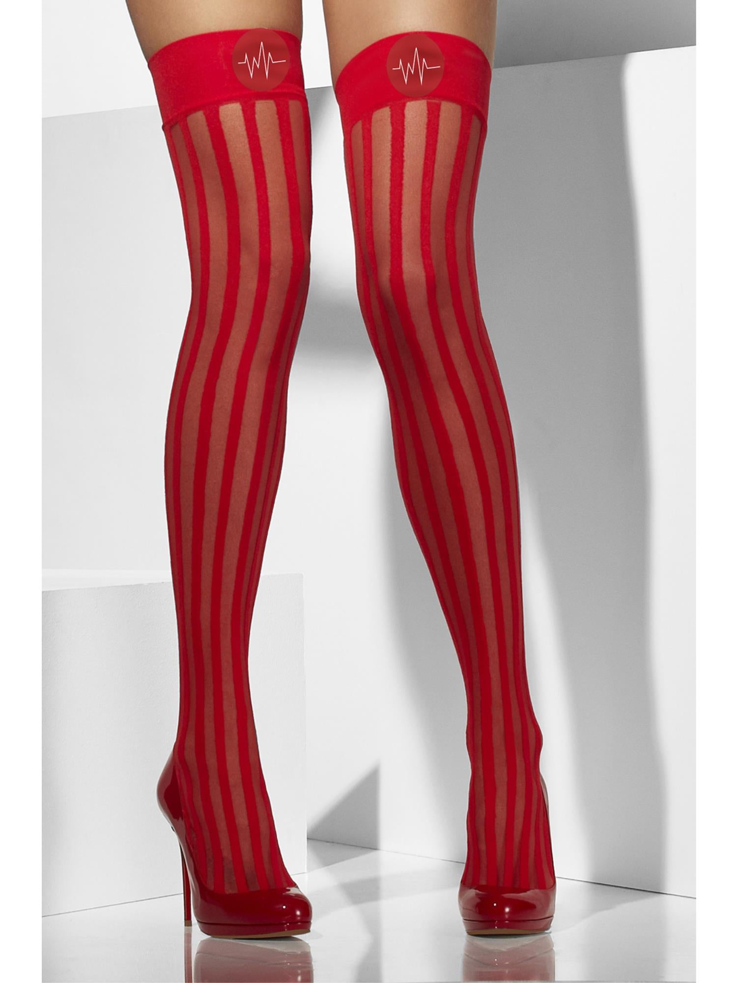 Smiffys Sheer Hold-Ups, Red, Vertical Stripes and Cross Print - 42764