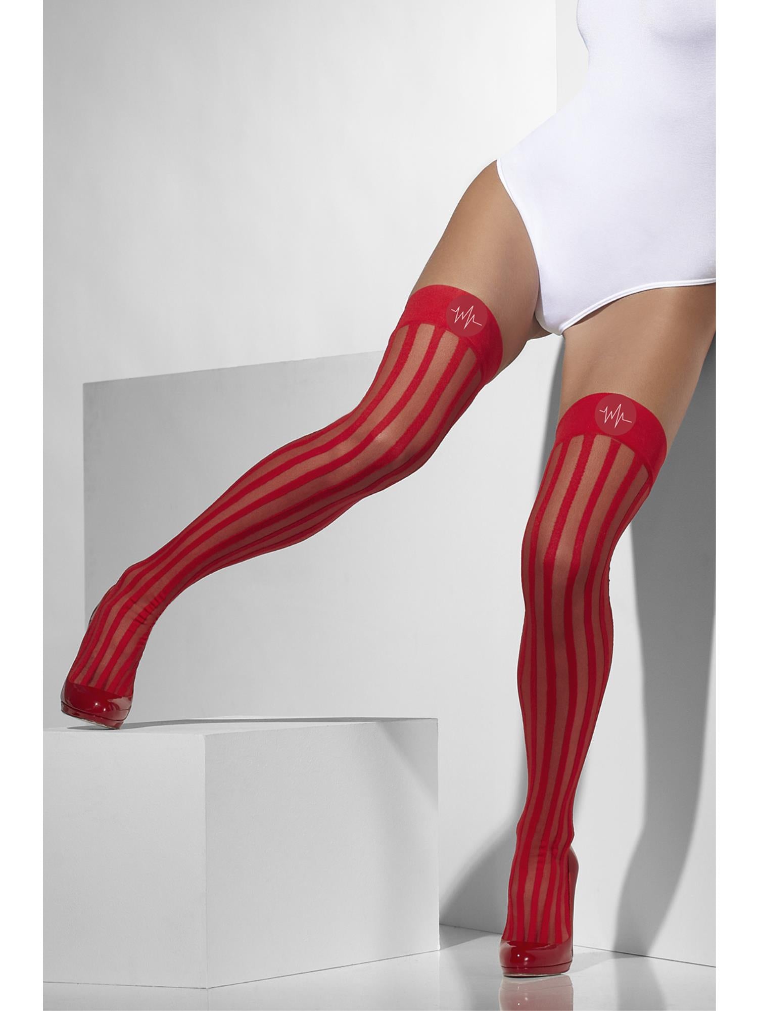 Smiffys Sheer Hold-Ups, Red, Vertical Stripes and Cross Print - 42764