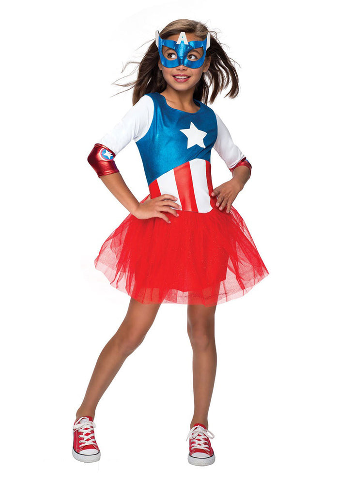 Girls Captain America Metallic Costume, Marvel Fancy Dress