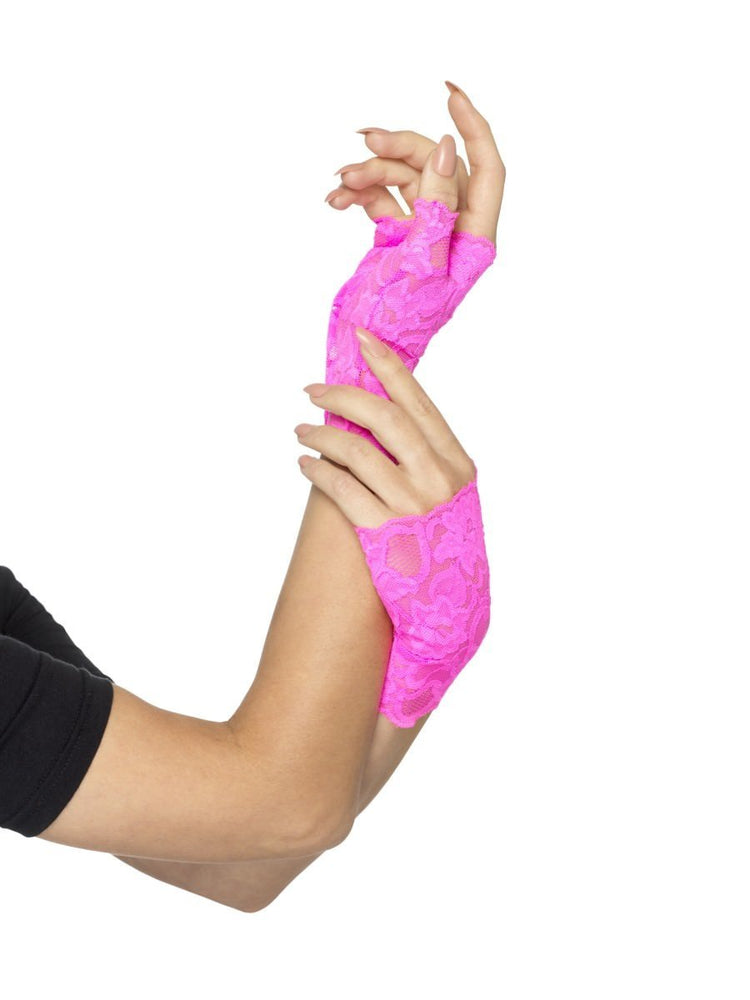 80s Fingerless Lace Gloves, Neon Pink45149