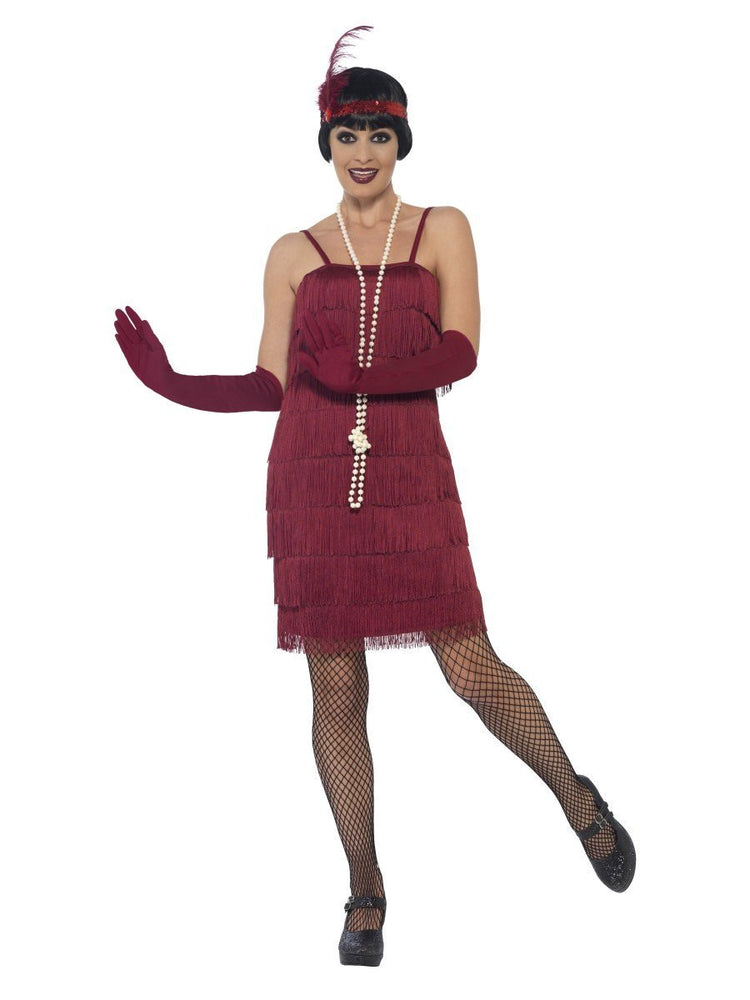 Smiffys Flapper Costume, Burgundy Red, with Short Dress - 44675