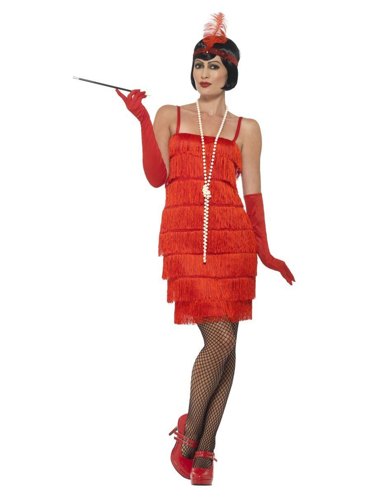 Smiffys Flapper Costume, Red, with Short Dress - 45499