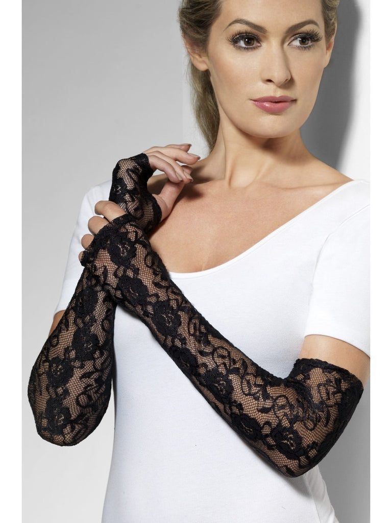 Elbow length black online lace fingerless gloves