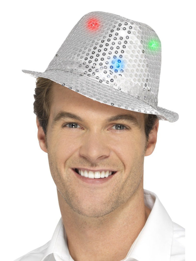 Smiffys Light Up Sequin Trilby Hat, Silver - 47068