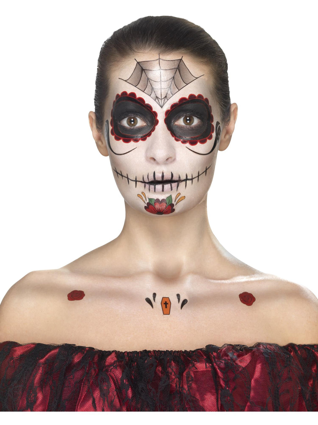 Day of the Dead Face Tattoo Transfers Kit, Red & Black