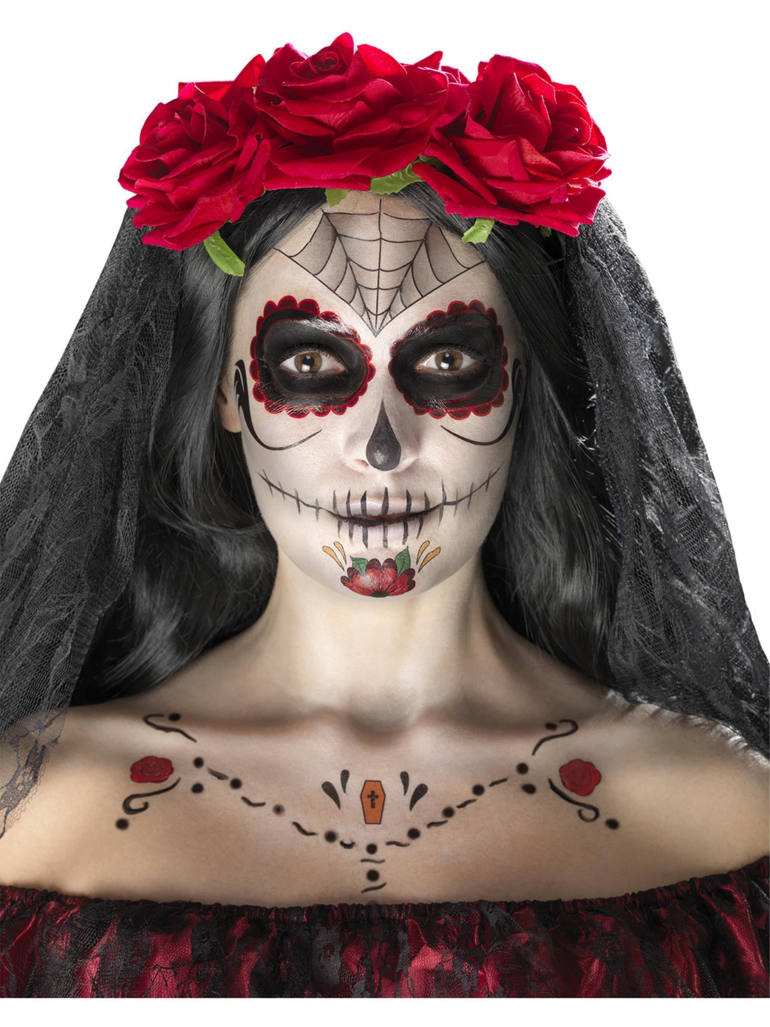 Day of the Dead Face Tattoo Transfers Kit, Red & Black