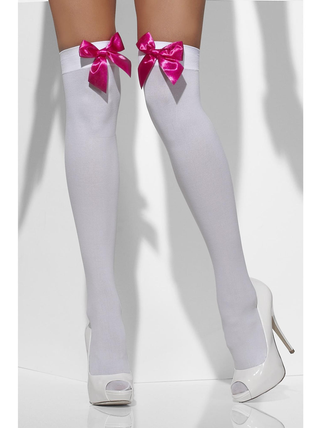 Smiffys Opaque Hold-Ups, White, with Fuchsia Bows - 42766