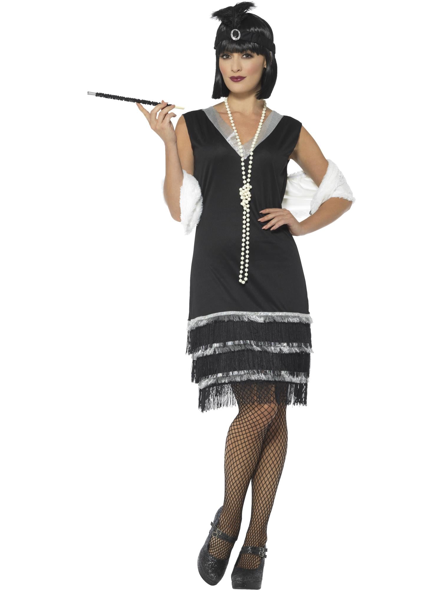 Smiffys Flapper Costume, Black, with Dress & Fur Stole - 43128
