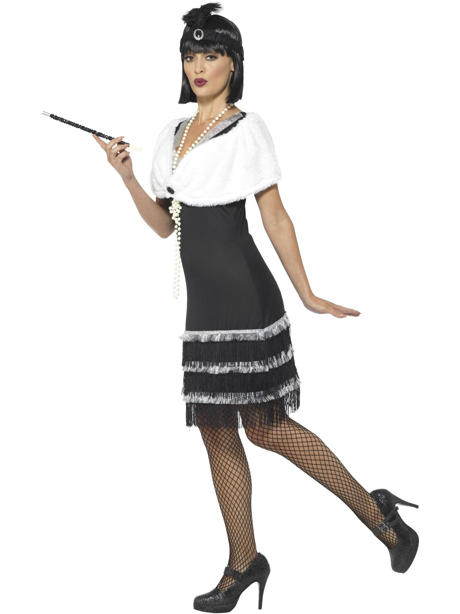 Smiffys Flapper Costume, Black, with Dress & Fur Stole - 43128