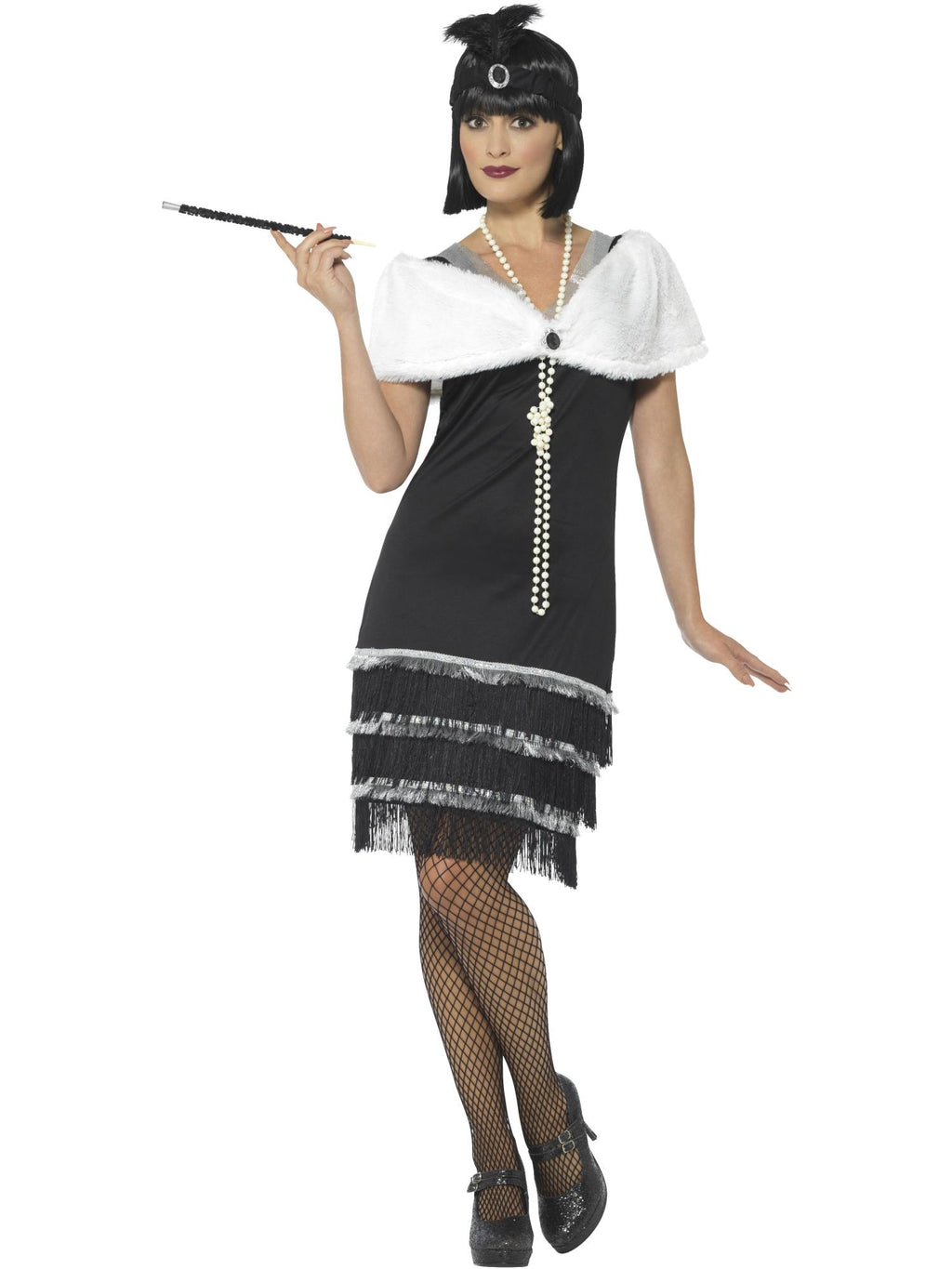 Smiffys Flapper Costume, Black, with Dress & Fur Stole - 43128