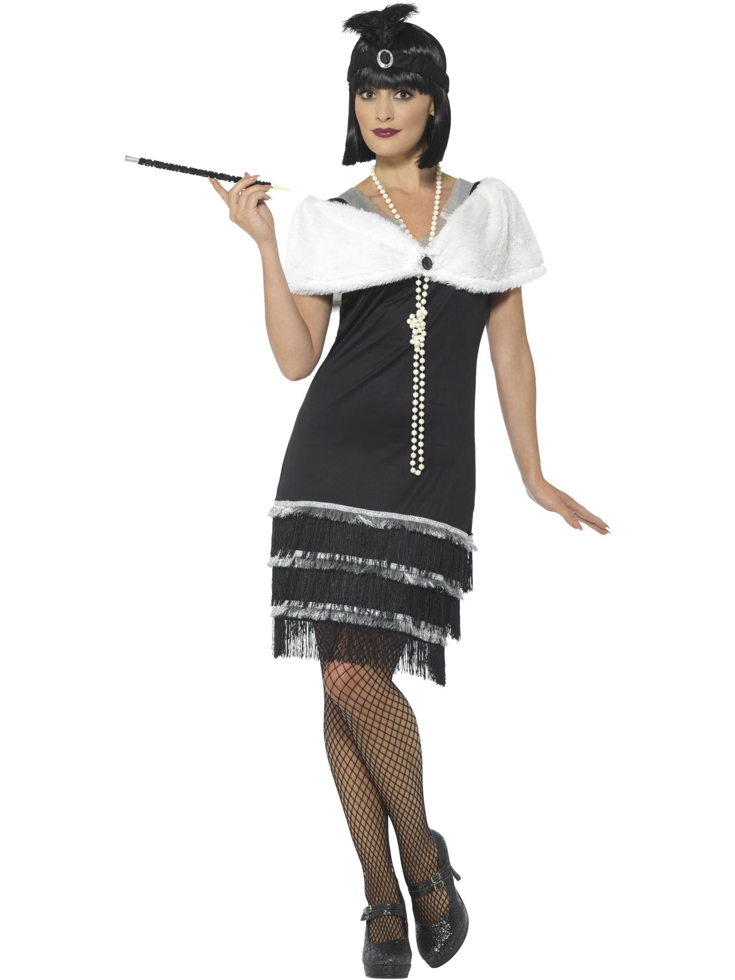 Smiffys Flapper Costume, Black, with Dress & Fur Stole - 43128