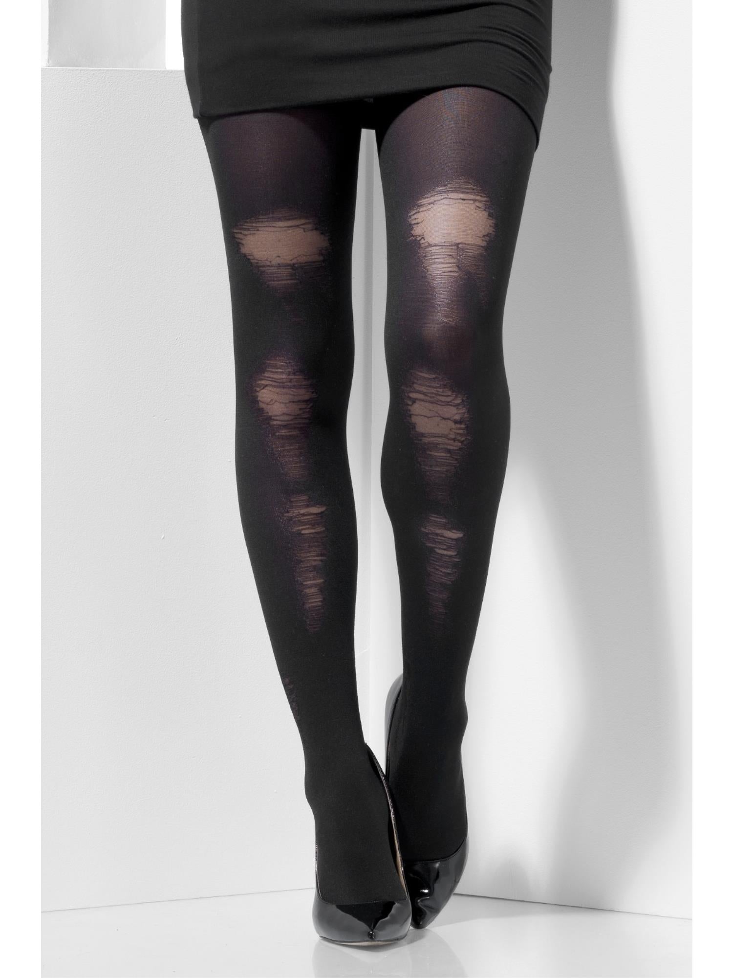 Smiffys Opaque Tights, Black, with Distressed Detail - 44443