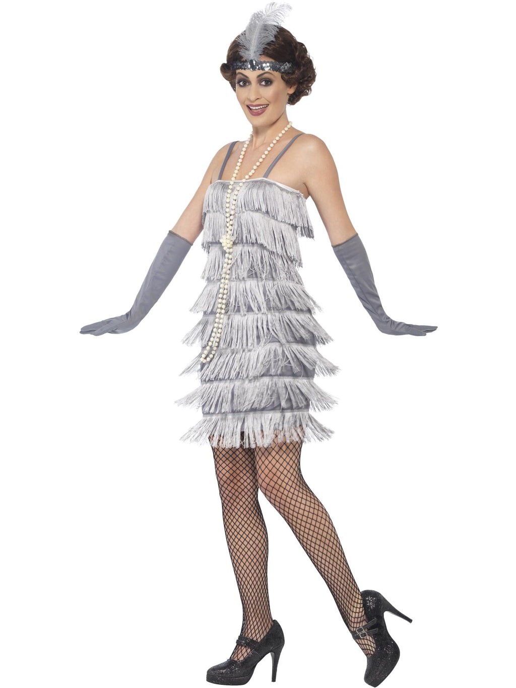 Smiffys Flapper Costume, Silver, with Short Dress - 44671