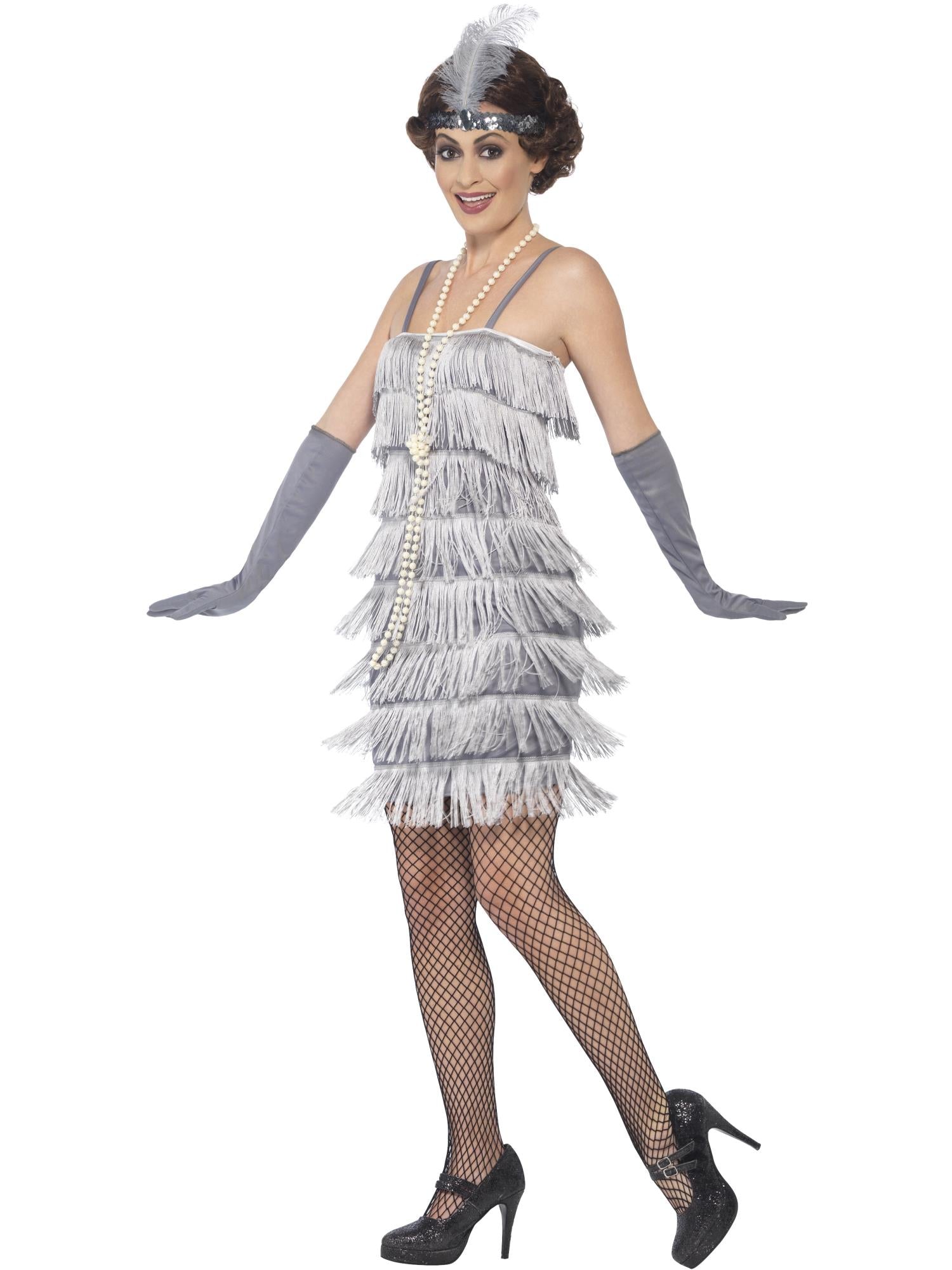 Smiffys Flapper Costume, Silver, with Short Dress - 44671