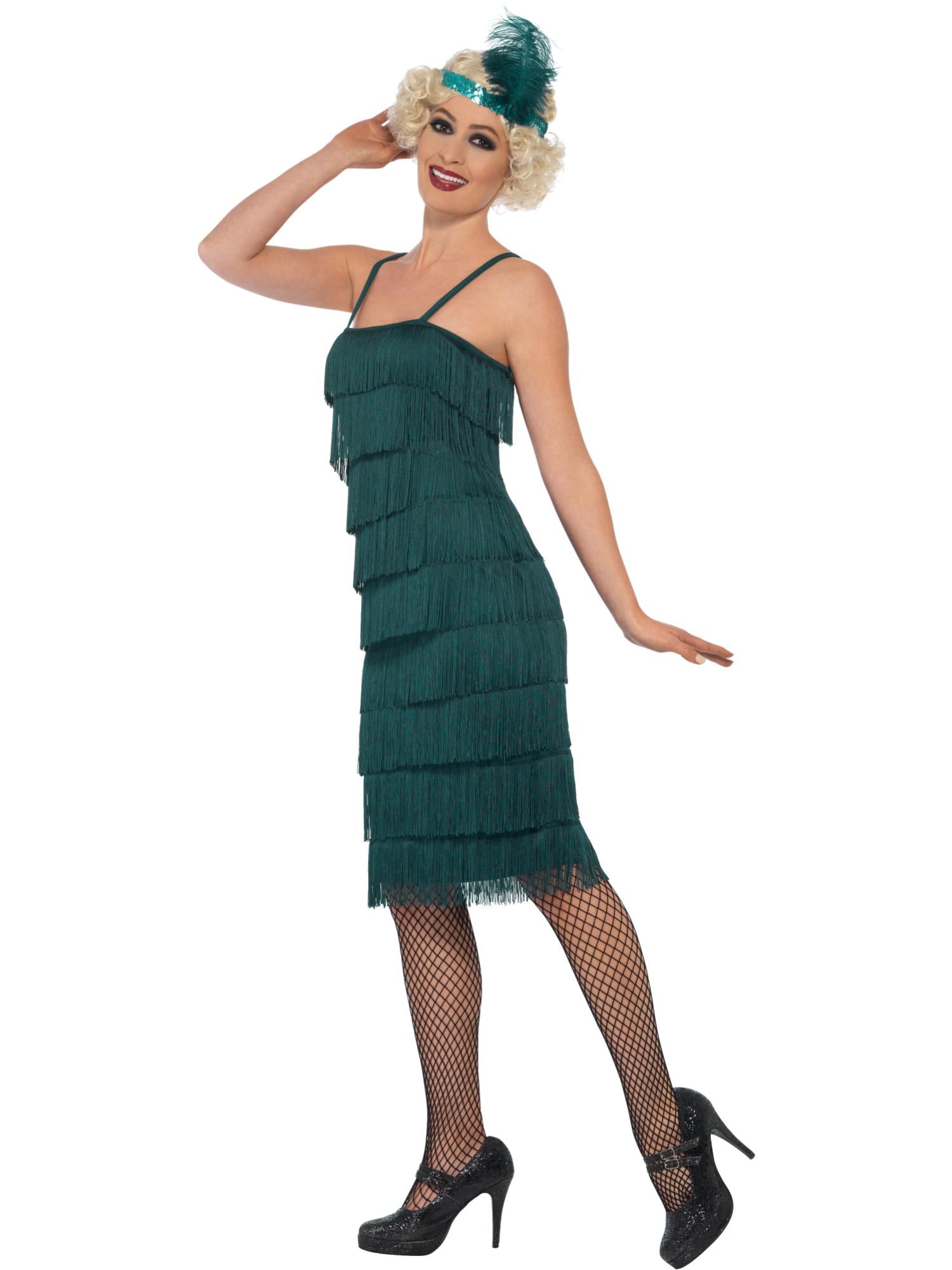 Smiffys Flapper Costume, Teal Green, with Long Dress - 44674