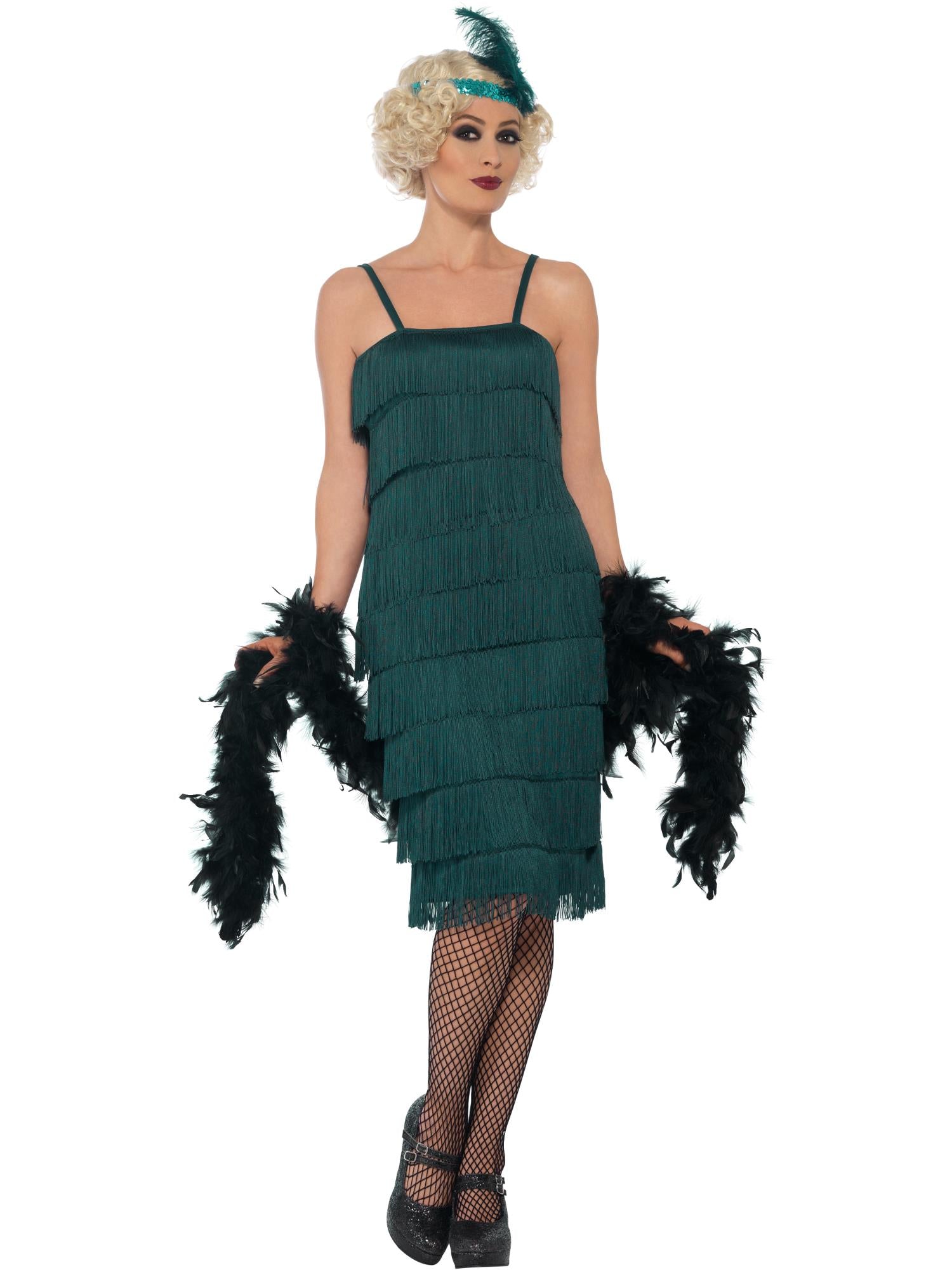 Smiffys Flapper Costume, Teal Green, with Long Dress - 44674