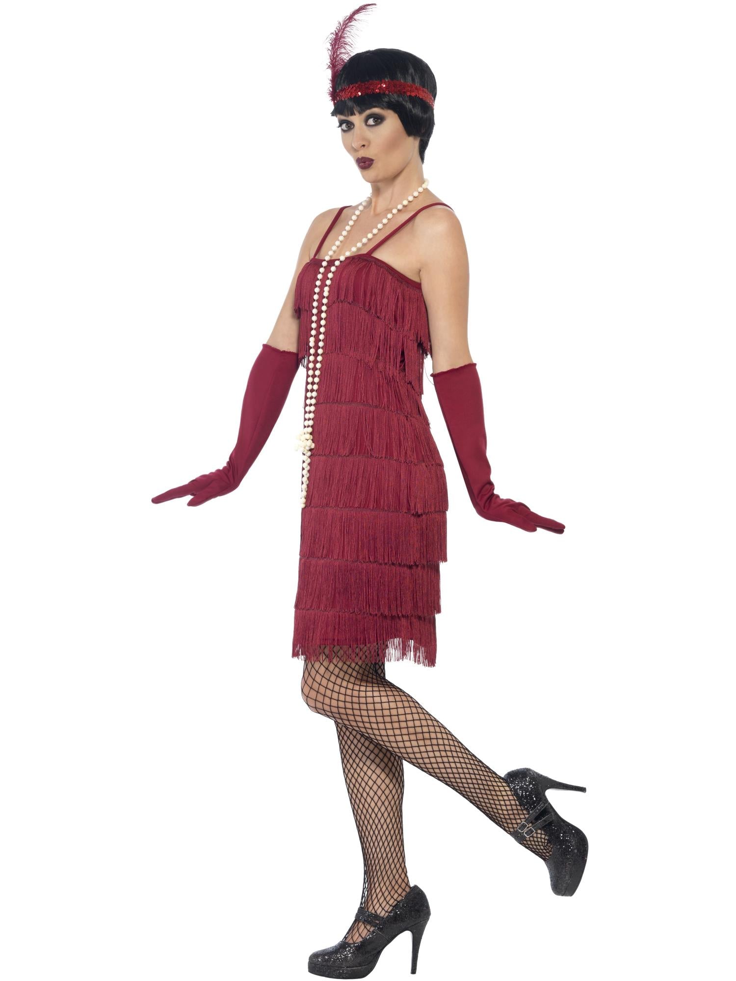 Smiffys Flapper Costume, Burgundy Red, with Short Dress - 44675