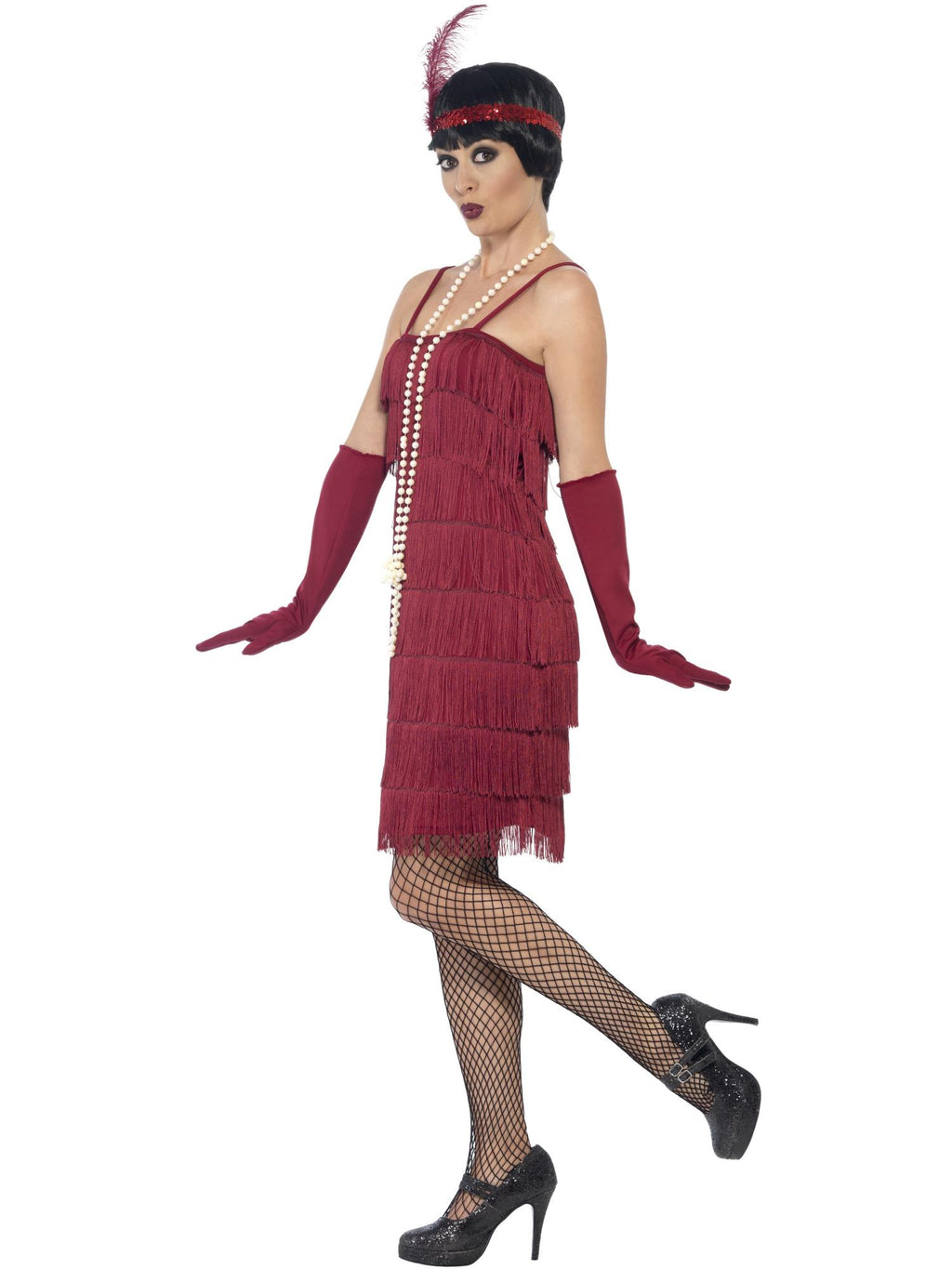 Smiffys Flapper Costume, Burgundy Red, with Short Dress - 44675