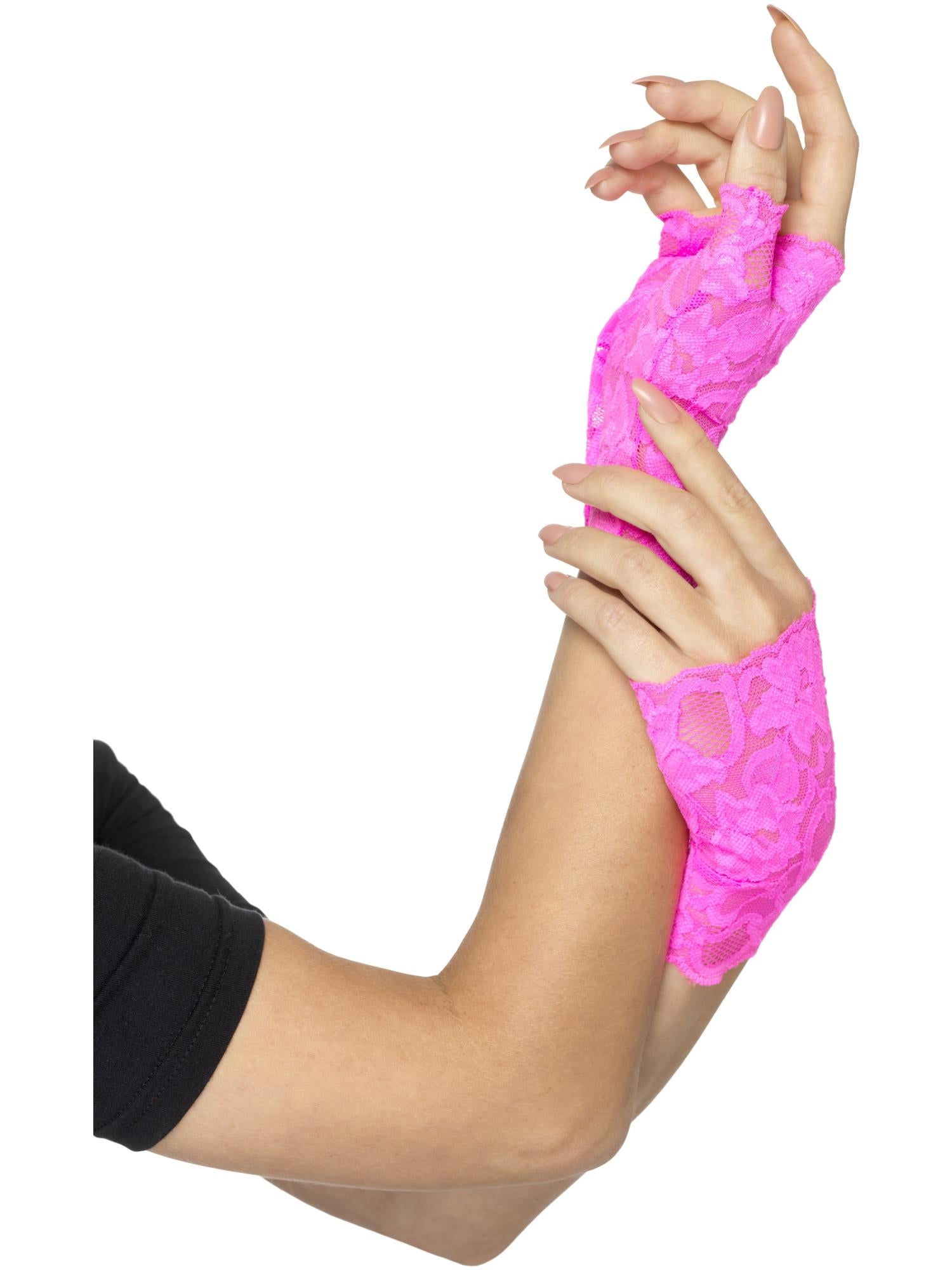 Smiffys 80s Fingerless Lace Gloves, Neon Pink - 45149