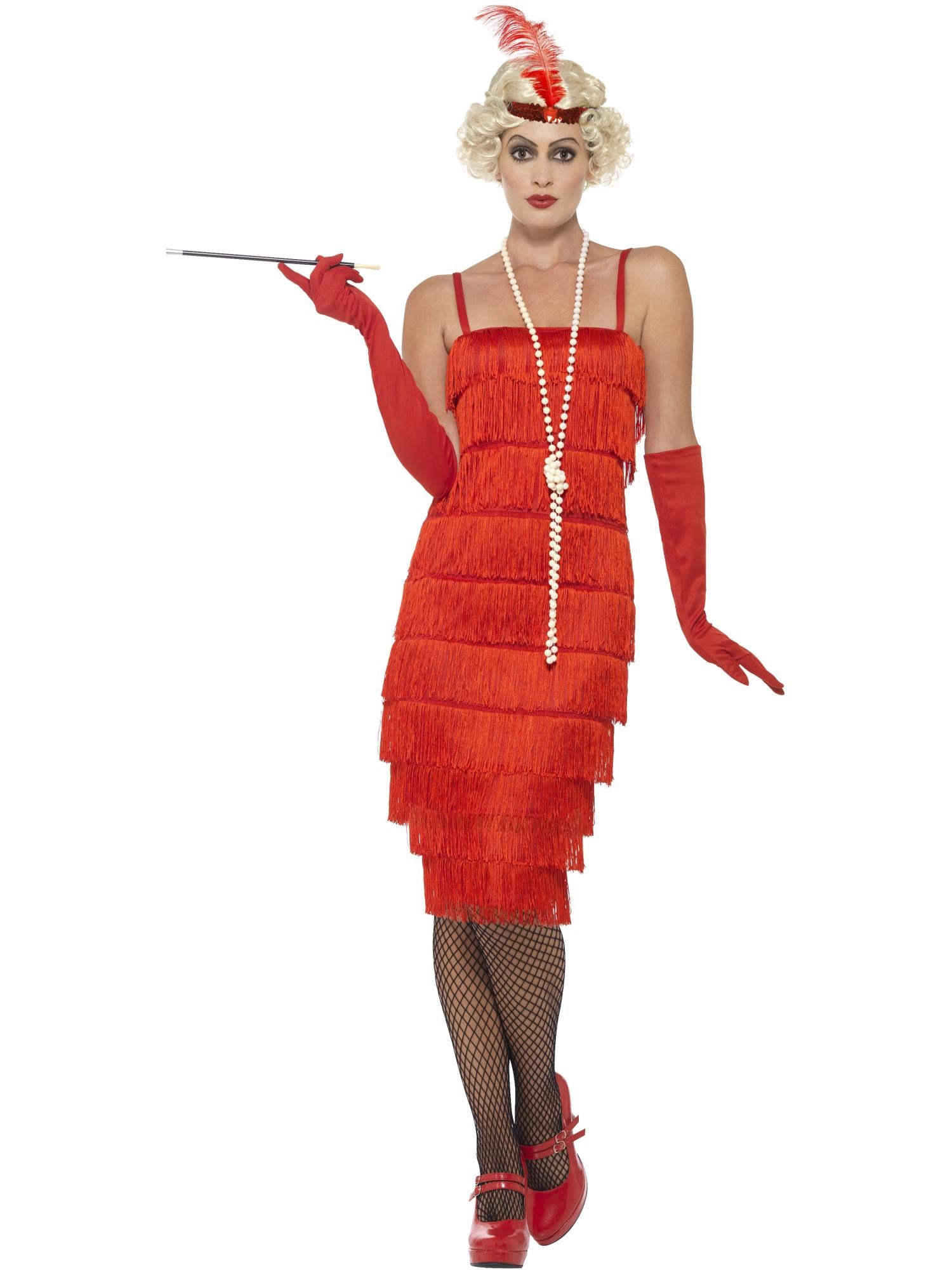 Smiffys Flapper Costume, Red, with Long Dress - 45501