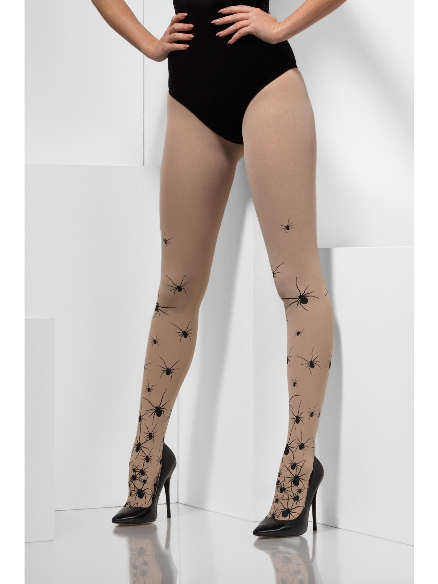 Smiffys Opaque Tights with Spiders, Nude & Black - 45878