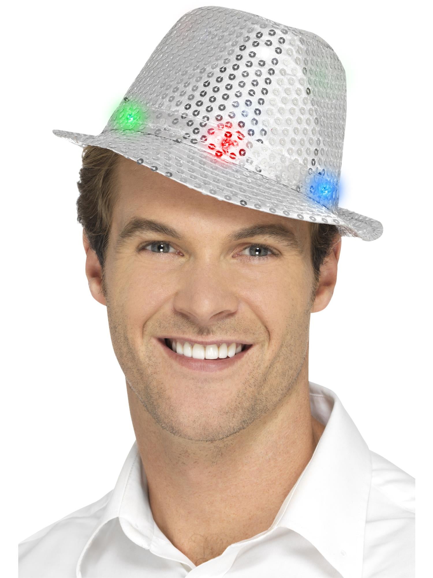 Smiffys Light Up Sequin Trilby Hat, Silver - 47068