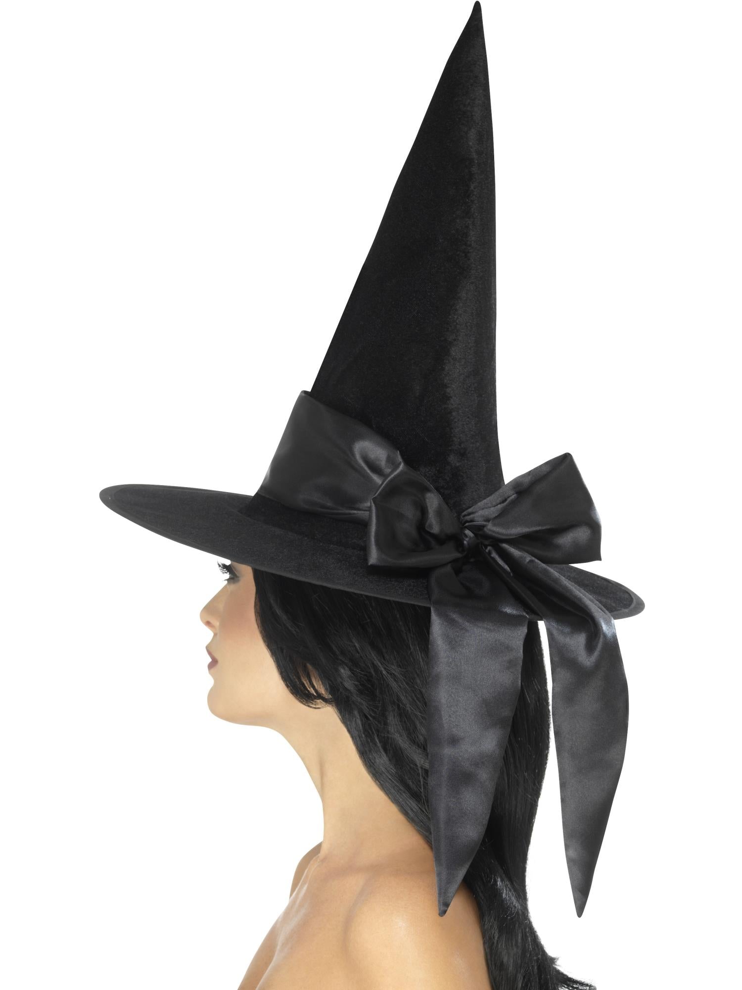 Smiffys Deluxe Witch Hat, Black, with Black Bow - 48024