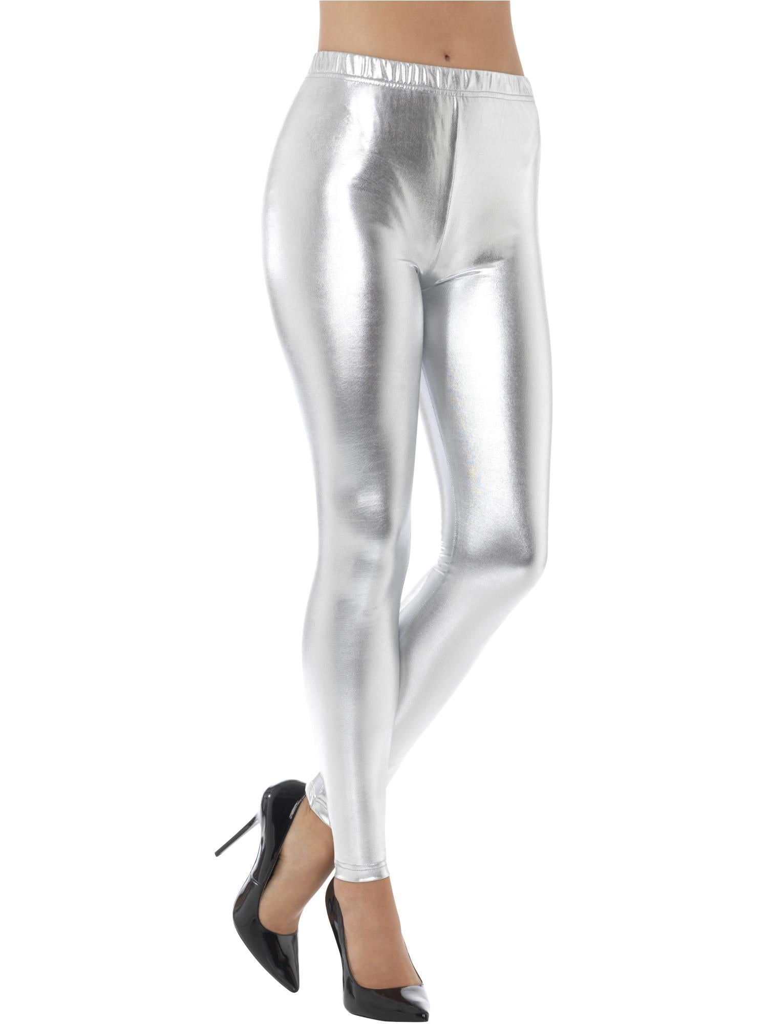 Smiffys 80s Metallic Disco Leggings, Silver - 48105