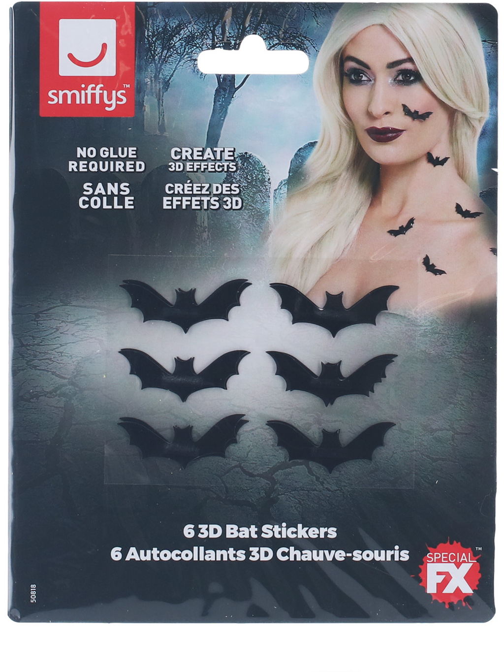 Smiffys Smiffys Make-Up FX, 3D Bat Stickers - 50818