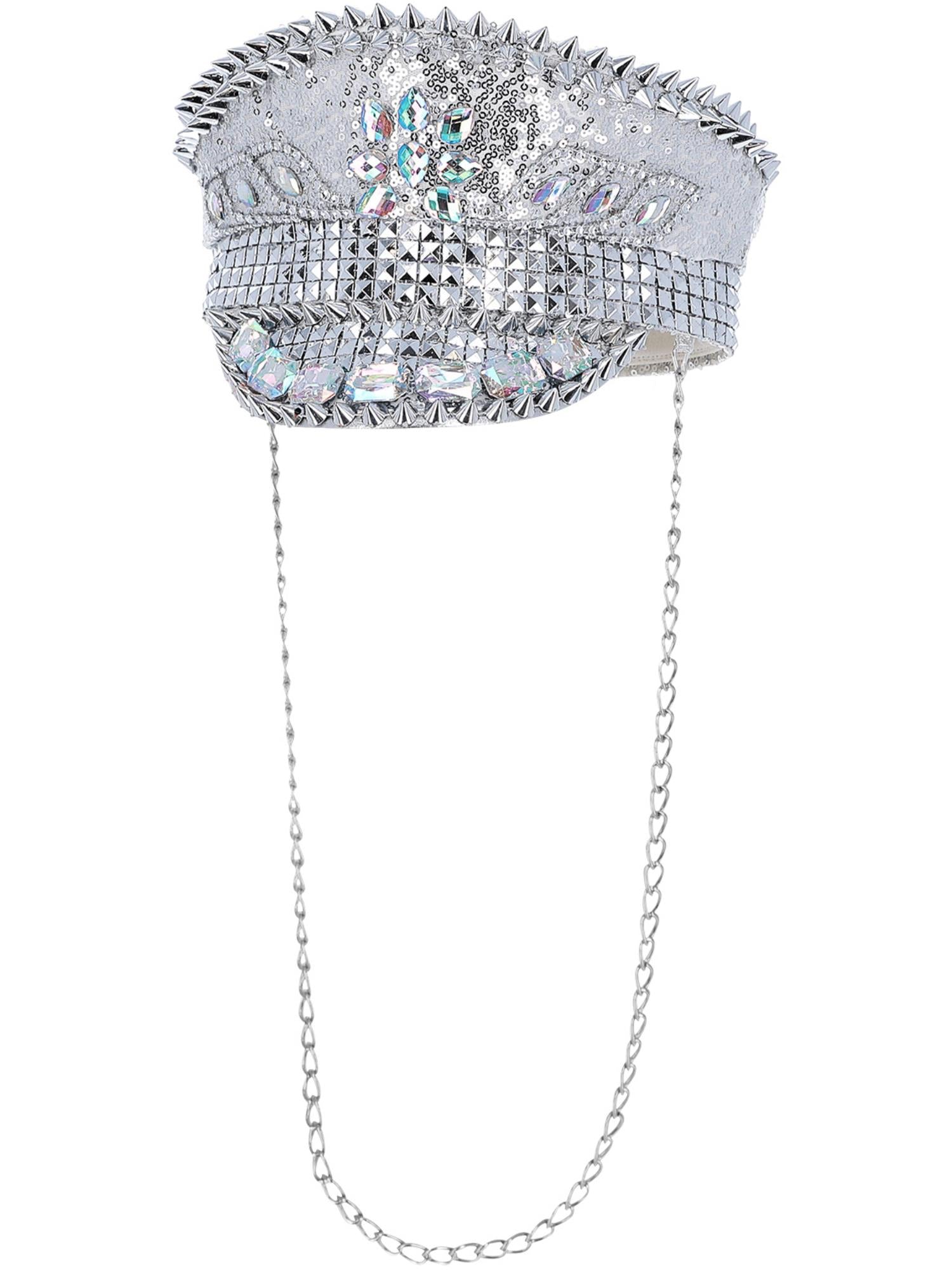 Fever Deluxe Sequin Studded Captains Hat, Silver