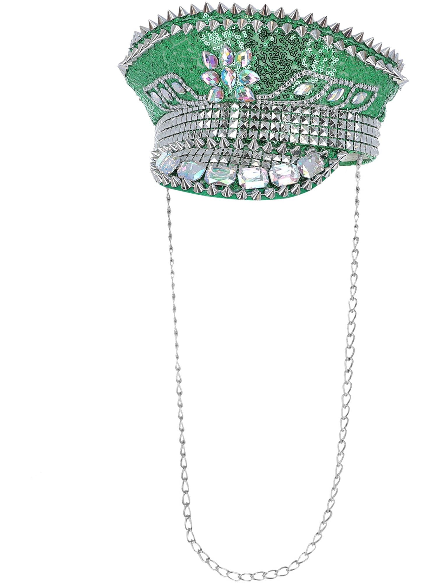 Fever Deluxe Sequin Studded Captains Hat, Green