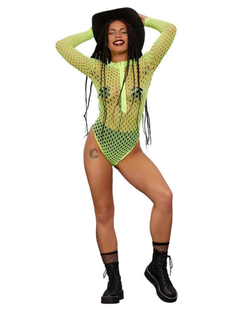 Fever Long Sleeve Zipped Bodysuit, Yellow