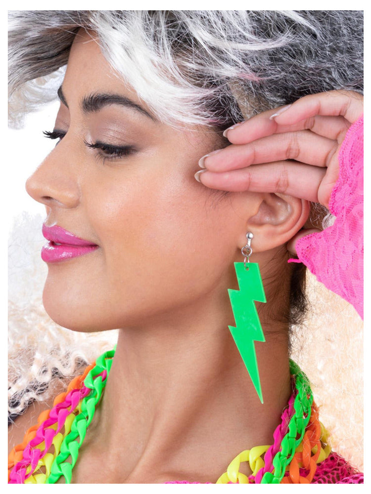 80s Neon Lightening Bolt Earrings, Green