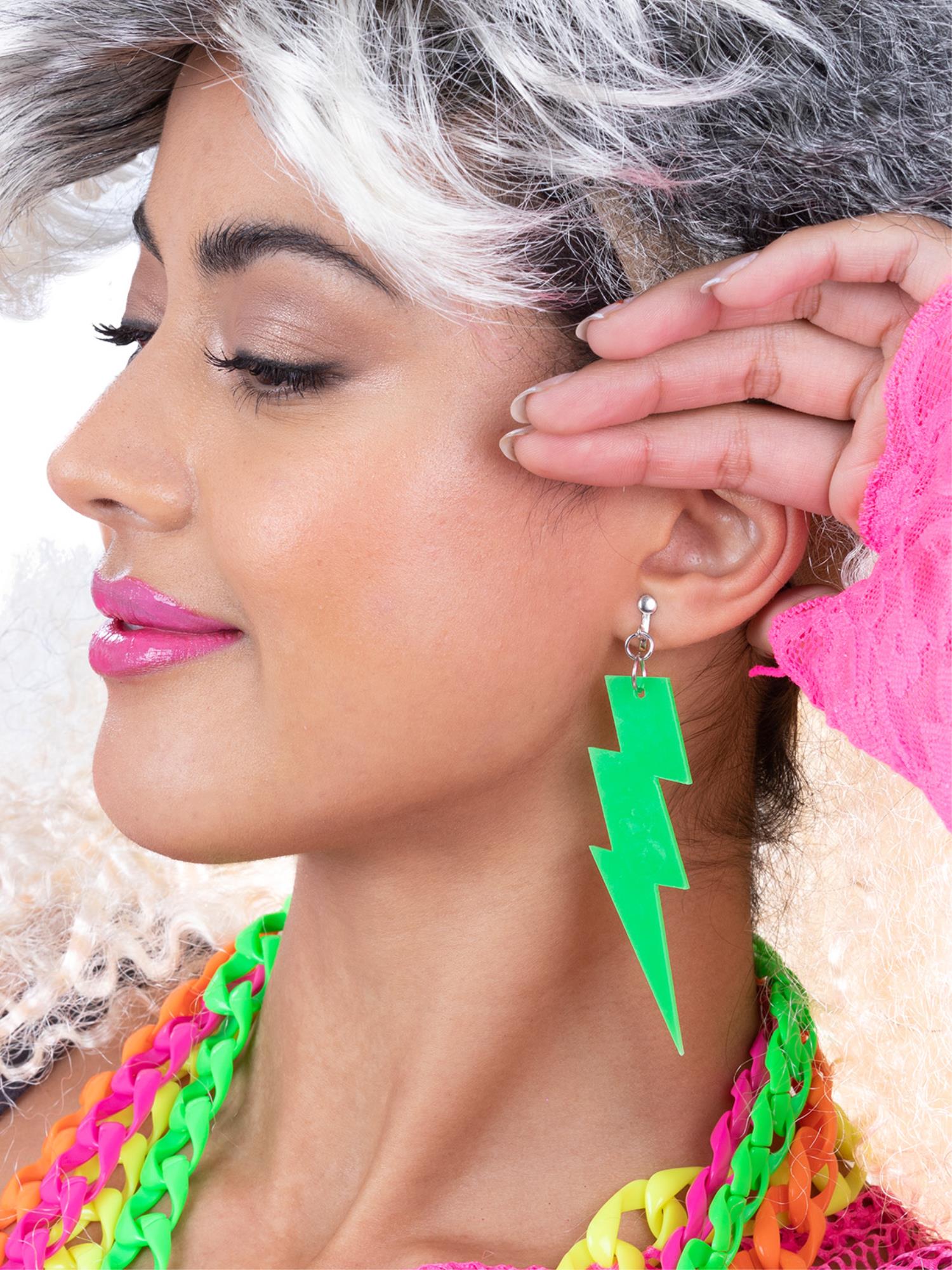 80s Neon Lightening Bolt Earrings, Green