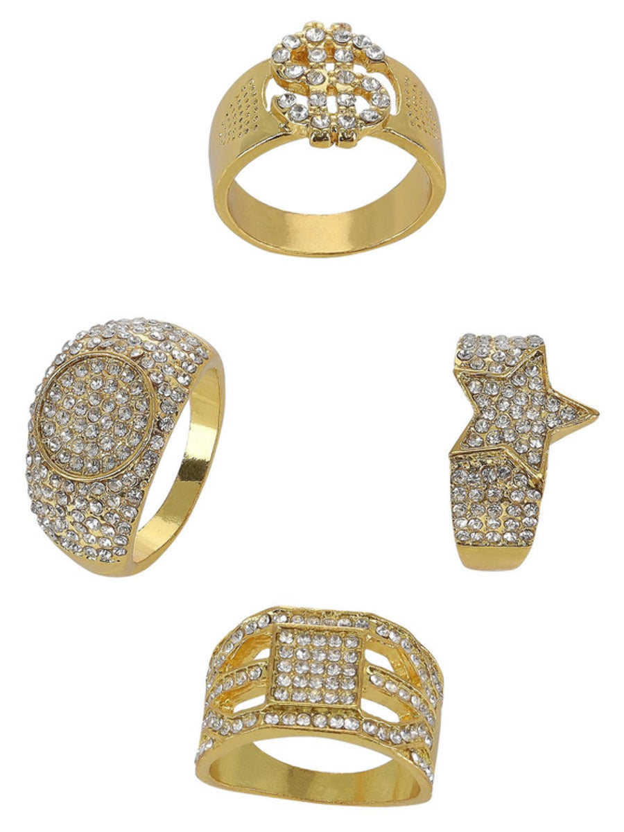 90s Gold & Diamond Bling Rings, 4Pk
