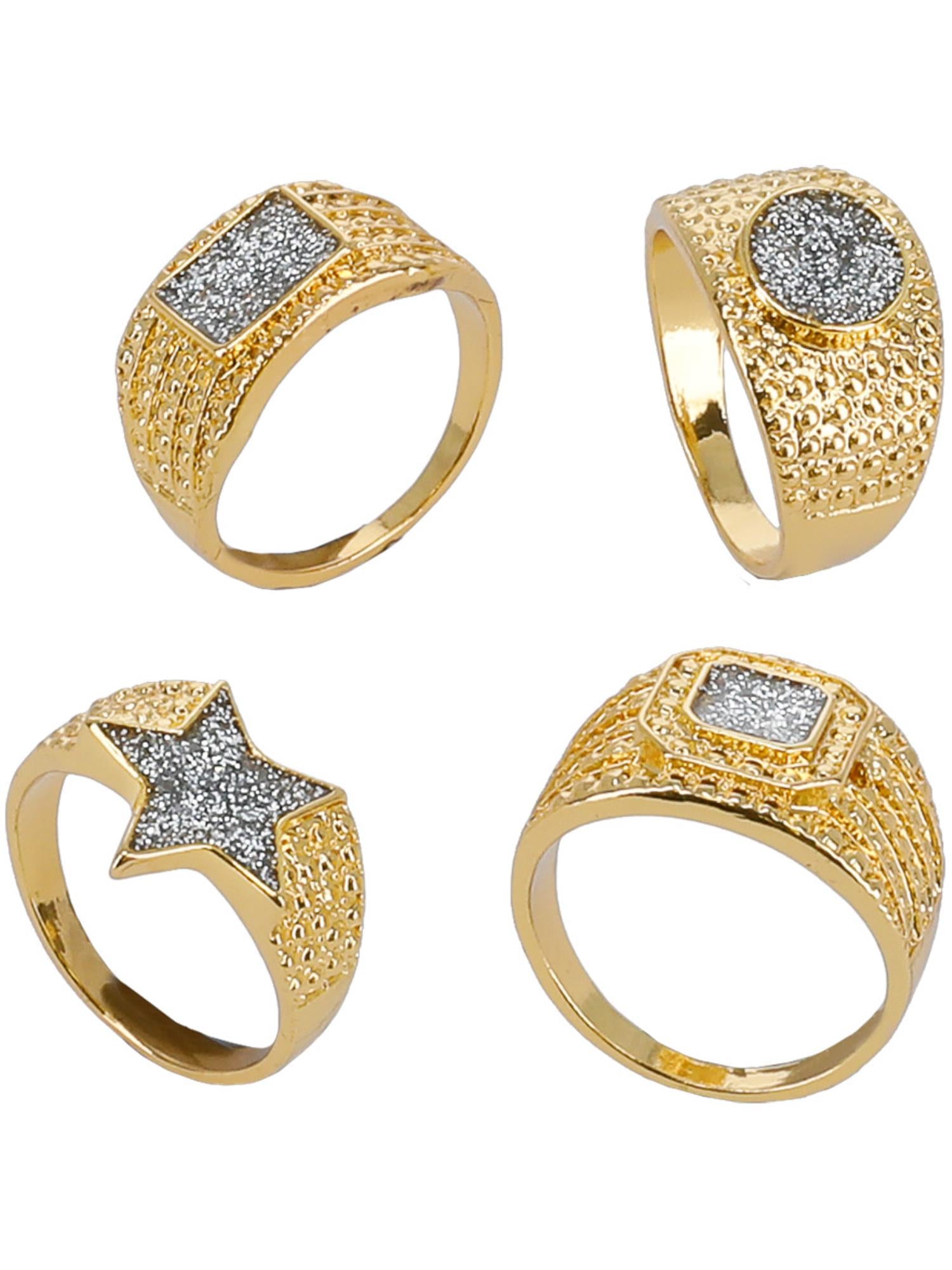 90s Gold & Diamond Bling Rings, 4Pk