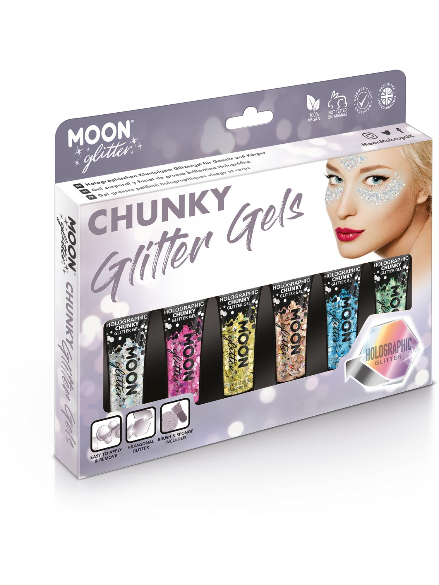 Moon Creations Holographic Chunky Glitter Gel, Assorted, Boxset, 12ml