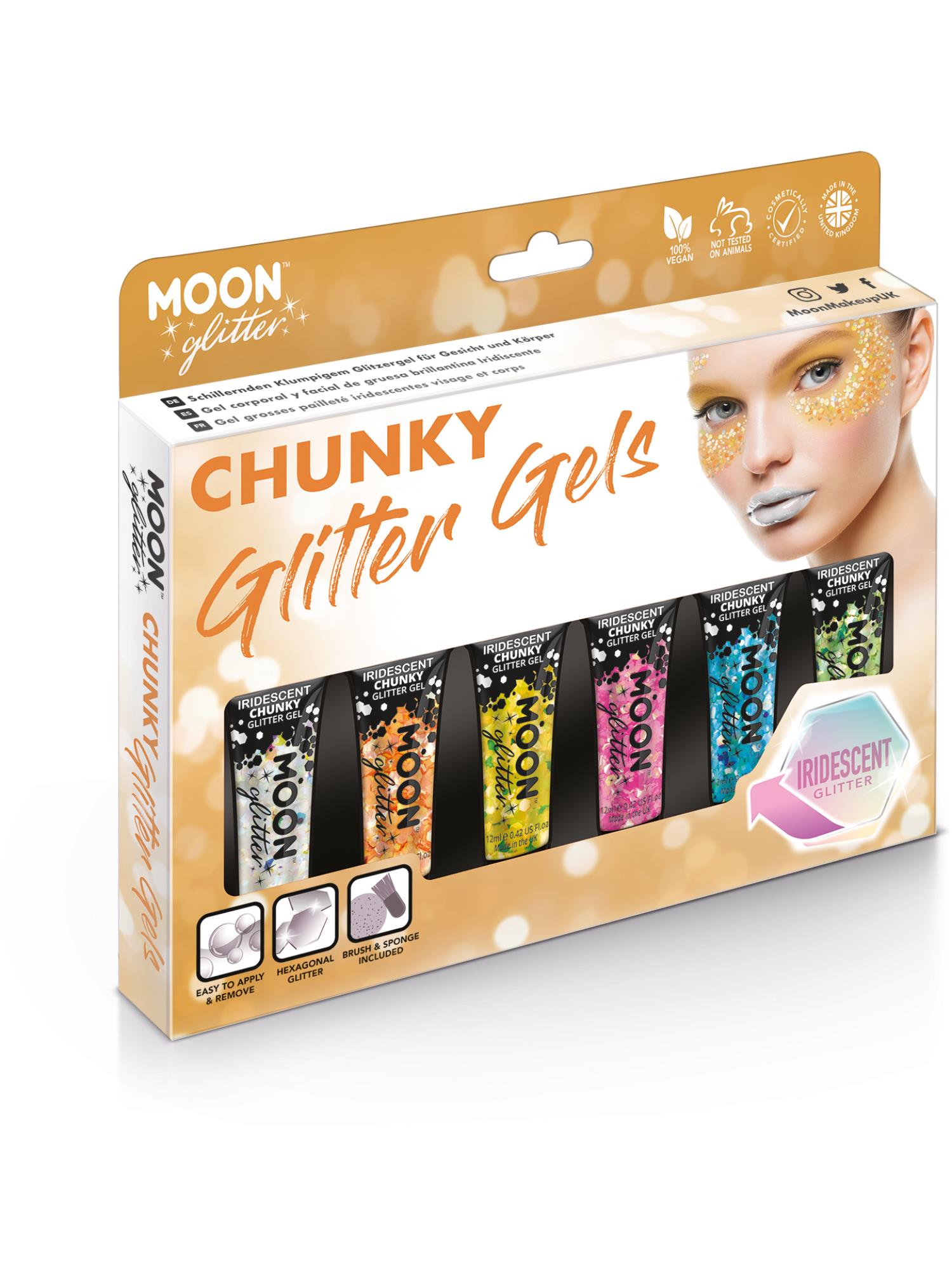 Moon Creations Iridescent Chunky Glitter Gel, Assorted, Boxset, 12ml