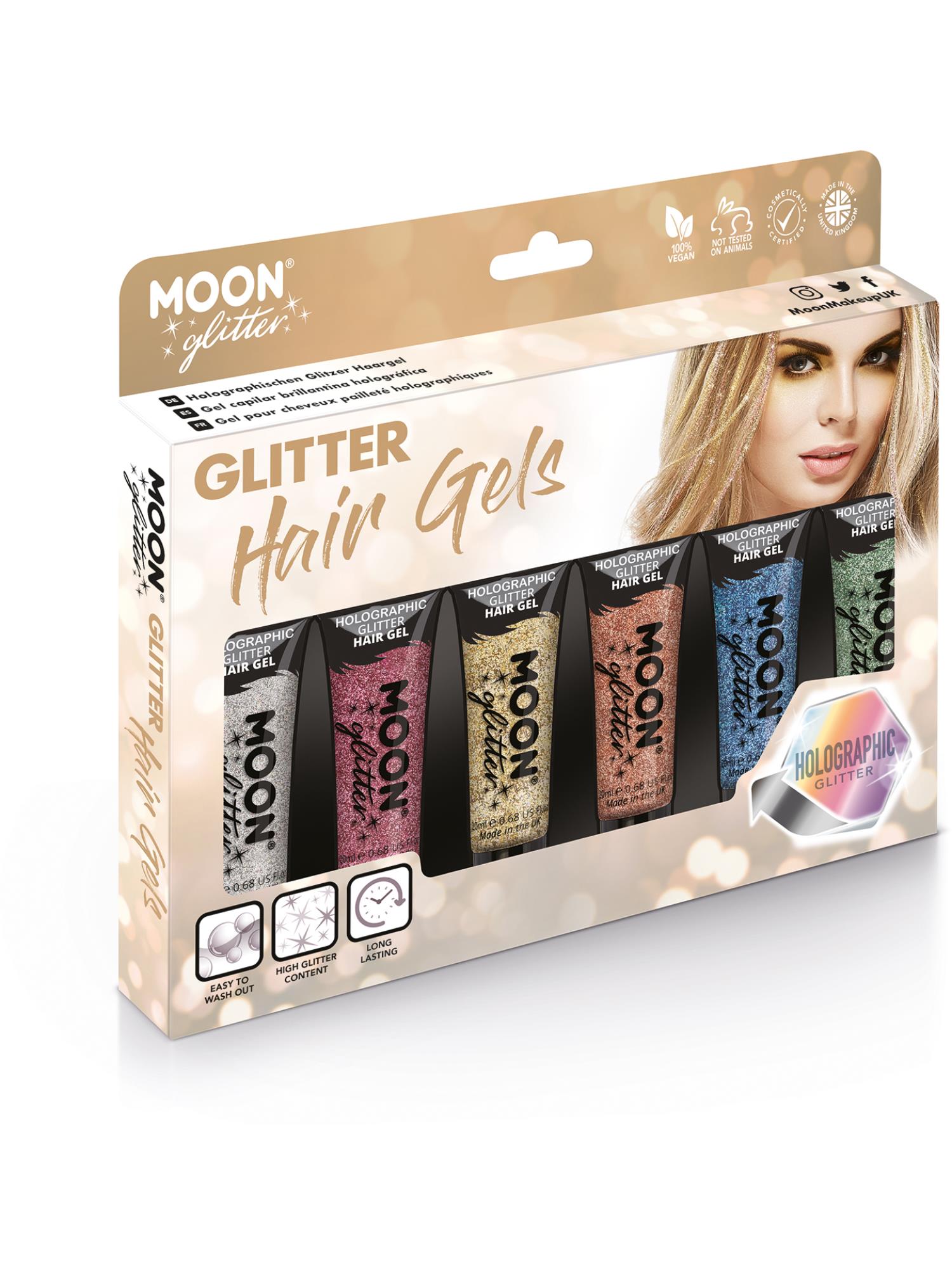 Moon Creations Holographic Glitter Hair Gel, Assorted, Boxset, 20ml