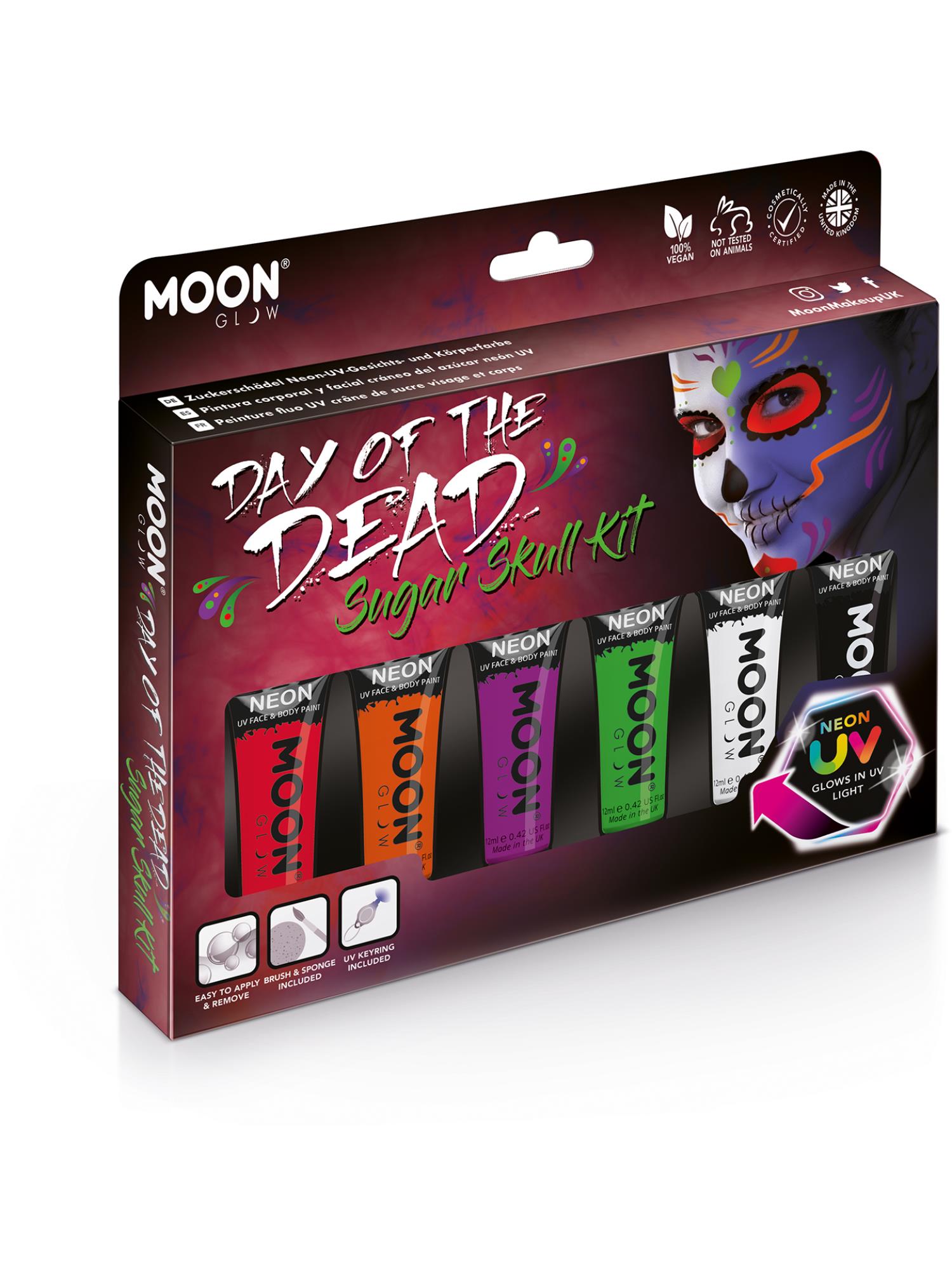 Moon Creations Glow Intense Neon UV Face Paint, Assorted, 12ml each, Sugar Skulls Boxset
