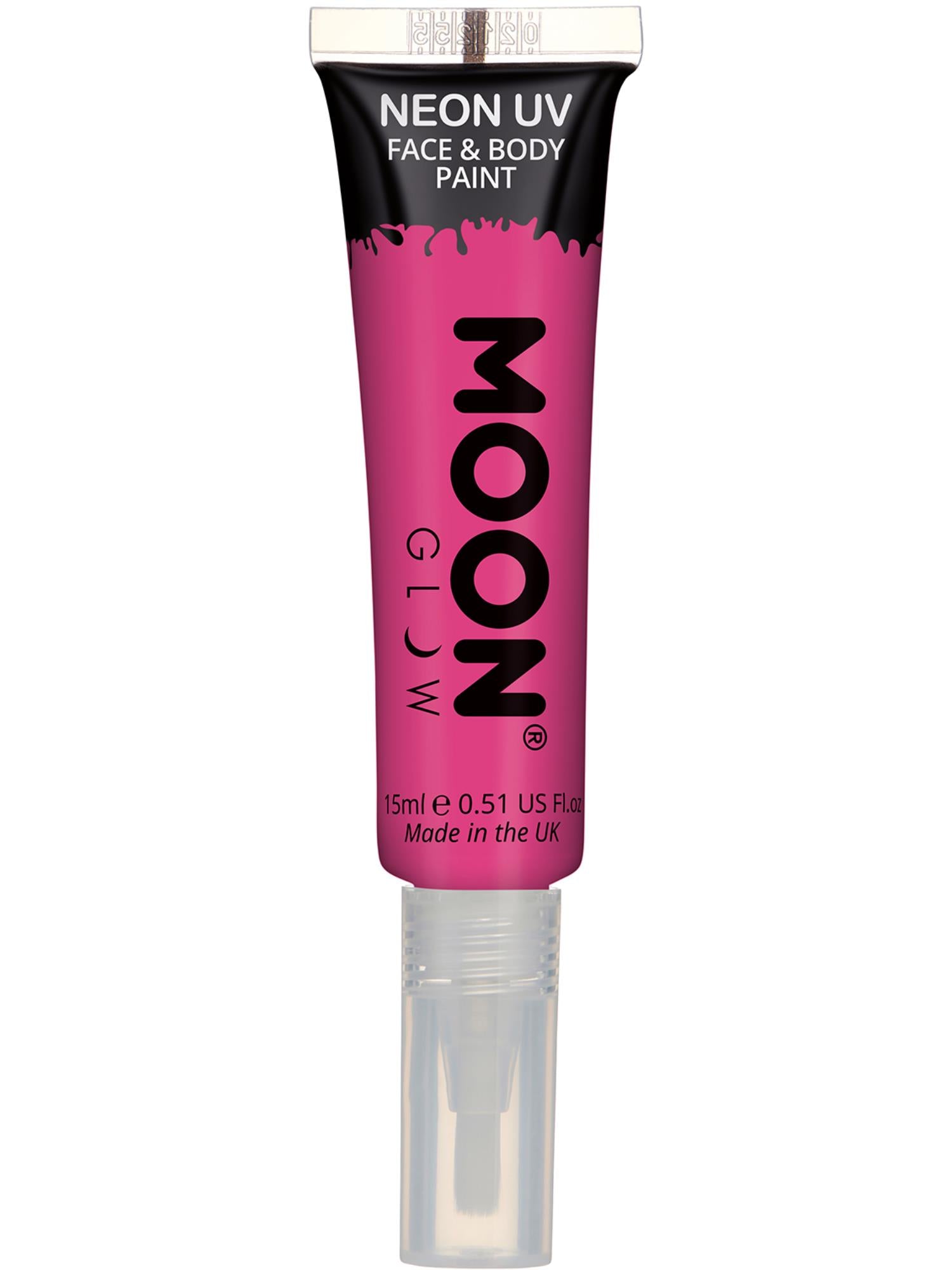 Moon Creations Glow Intense Neon UV Face Paint, Hot Pink, Single, with Brush Applicator, 15ml