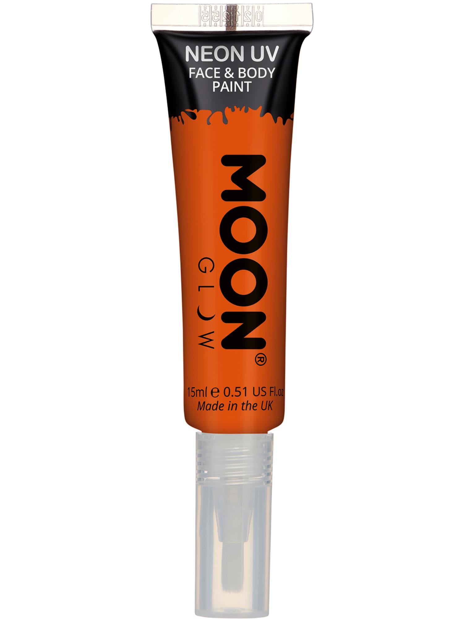 Moon Creations Glow Intense Neon UV Face Paint, Orange, Single, with Brush Applicator, 15ml