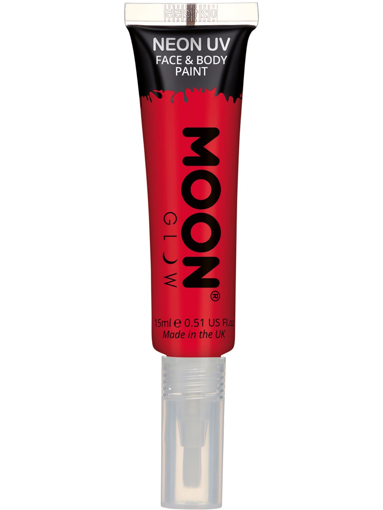Moon Creations Glow Intense Neon UV Face Paint, Red, Single, with Brush Applicator, 15ml