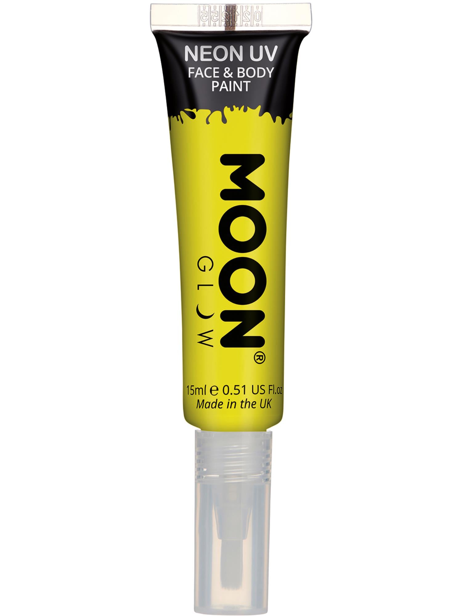 Moon Creations Glow Intense Neon UV Face Paint, Yellow, Single, with Brush Applicator, 15ml