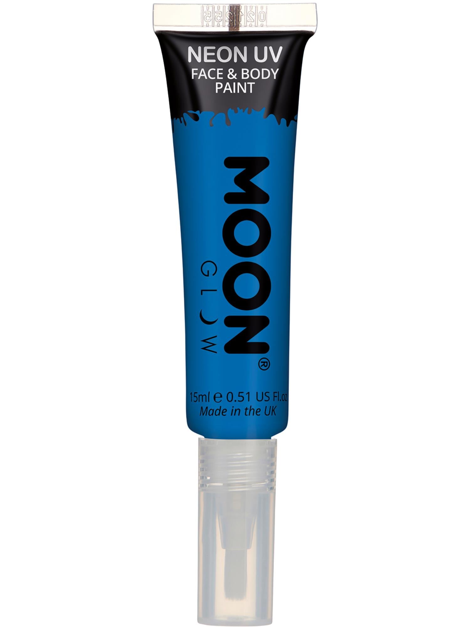 Moon Creations Glow Intense Neon UV Face Paint, Blue, Single, with Brush Applicator, 15ml