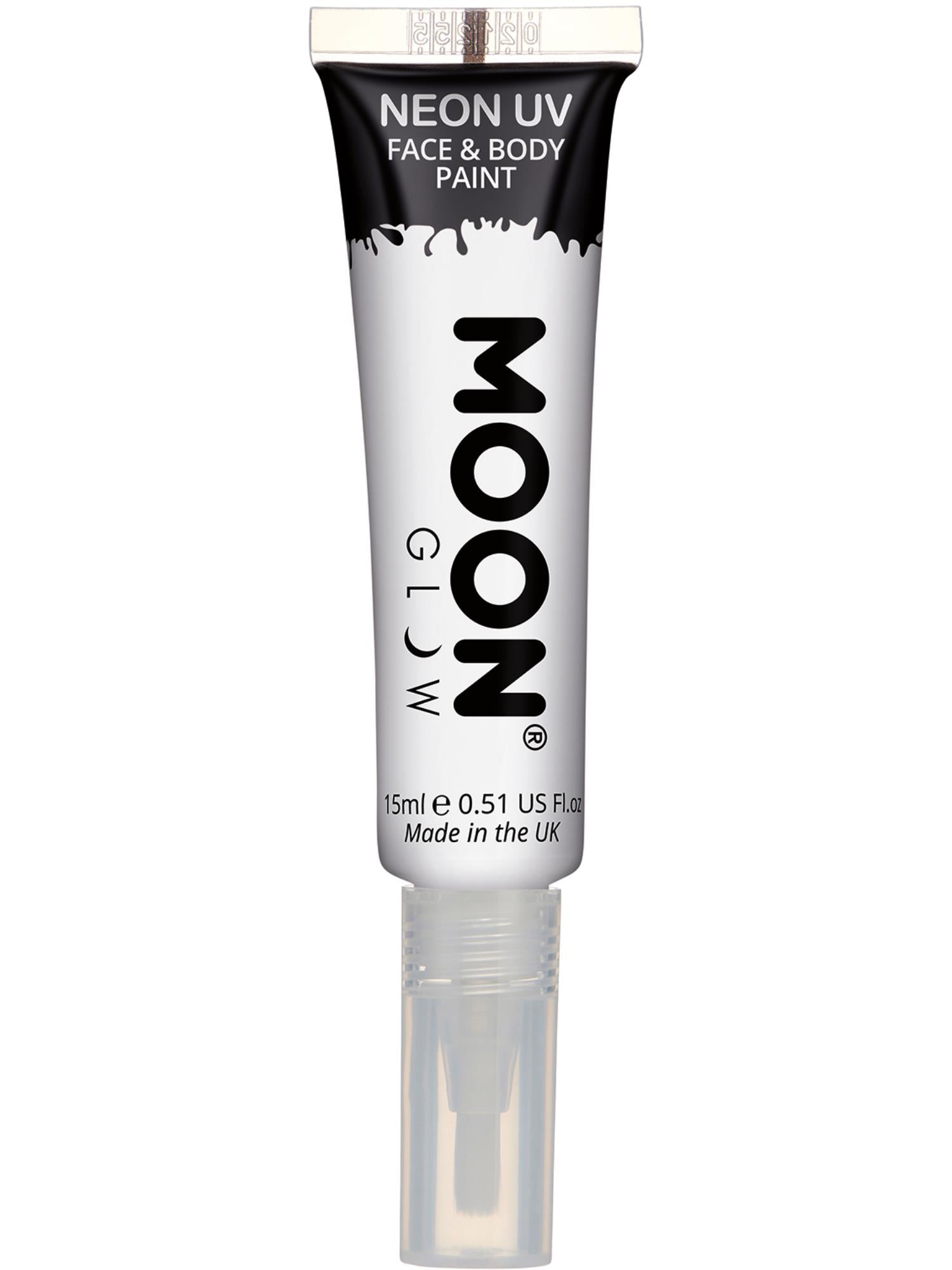 Moon Creations Glow Intense Neon UV Face Paint, White, Single, with Brush Applicator, 15ml