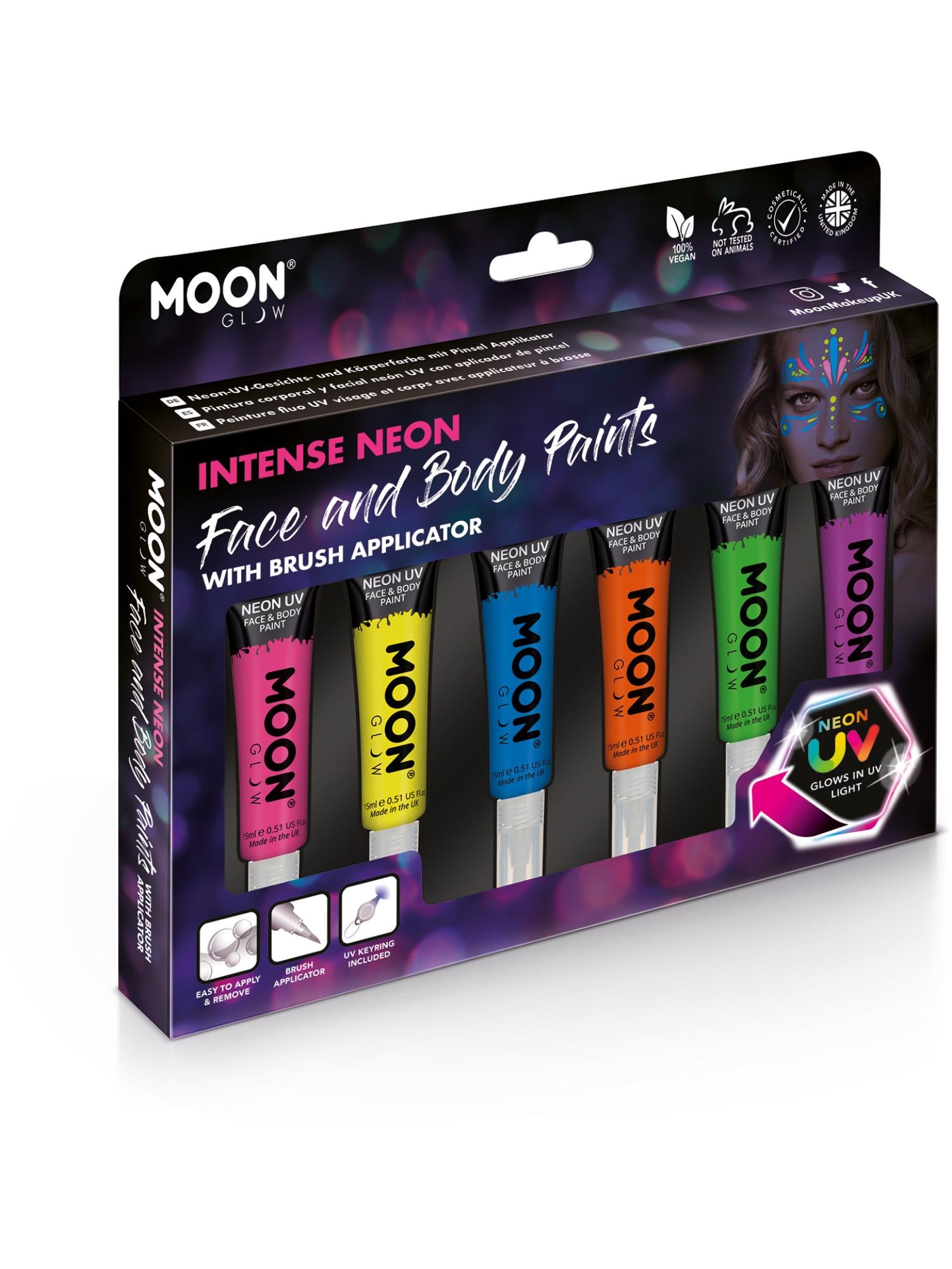 Moon Creations Glow Intense Neon UV Face Paint, Assorted, Boxset, with Brush Applicator, 15ml