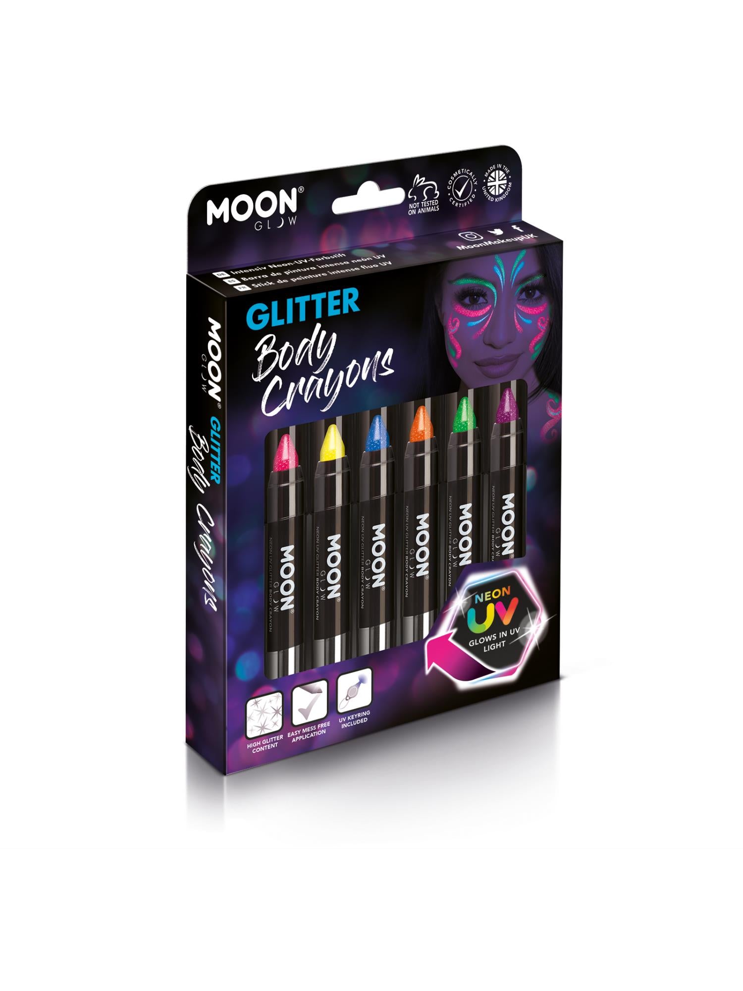 Moon Creations Glow Neon UV Glitter Body Crayons, Assorted, 3.2g Boxset