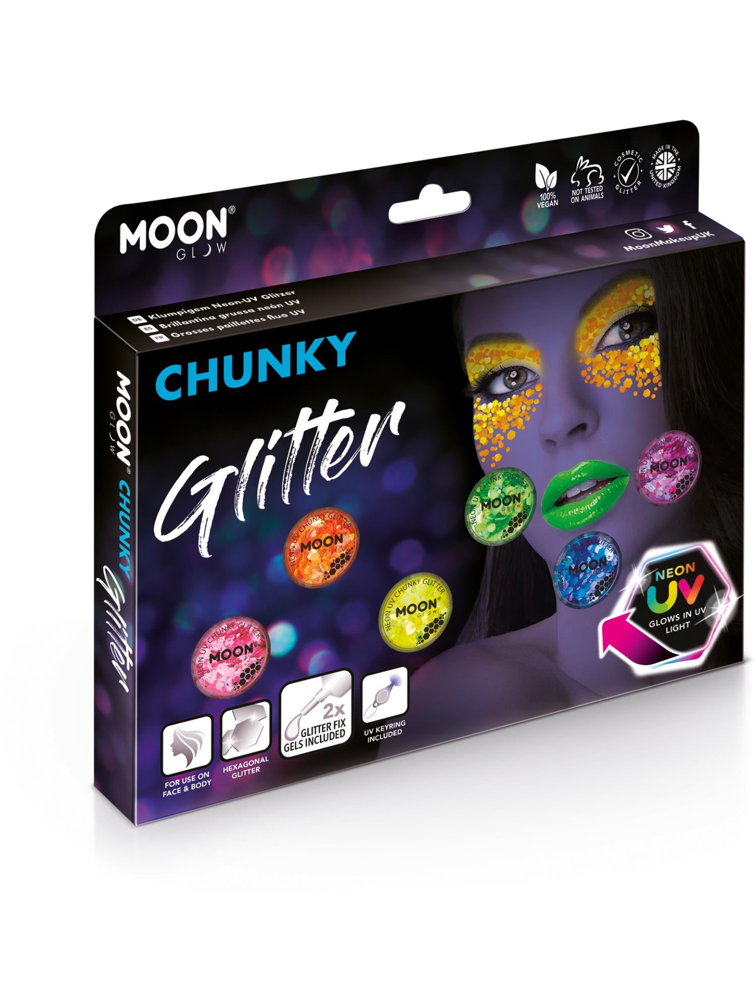Moon Creations Glow Neon UV Chunky Glitter, Assorted, 3g Boxset
