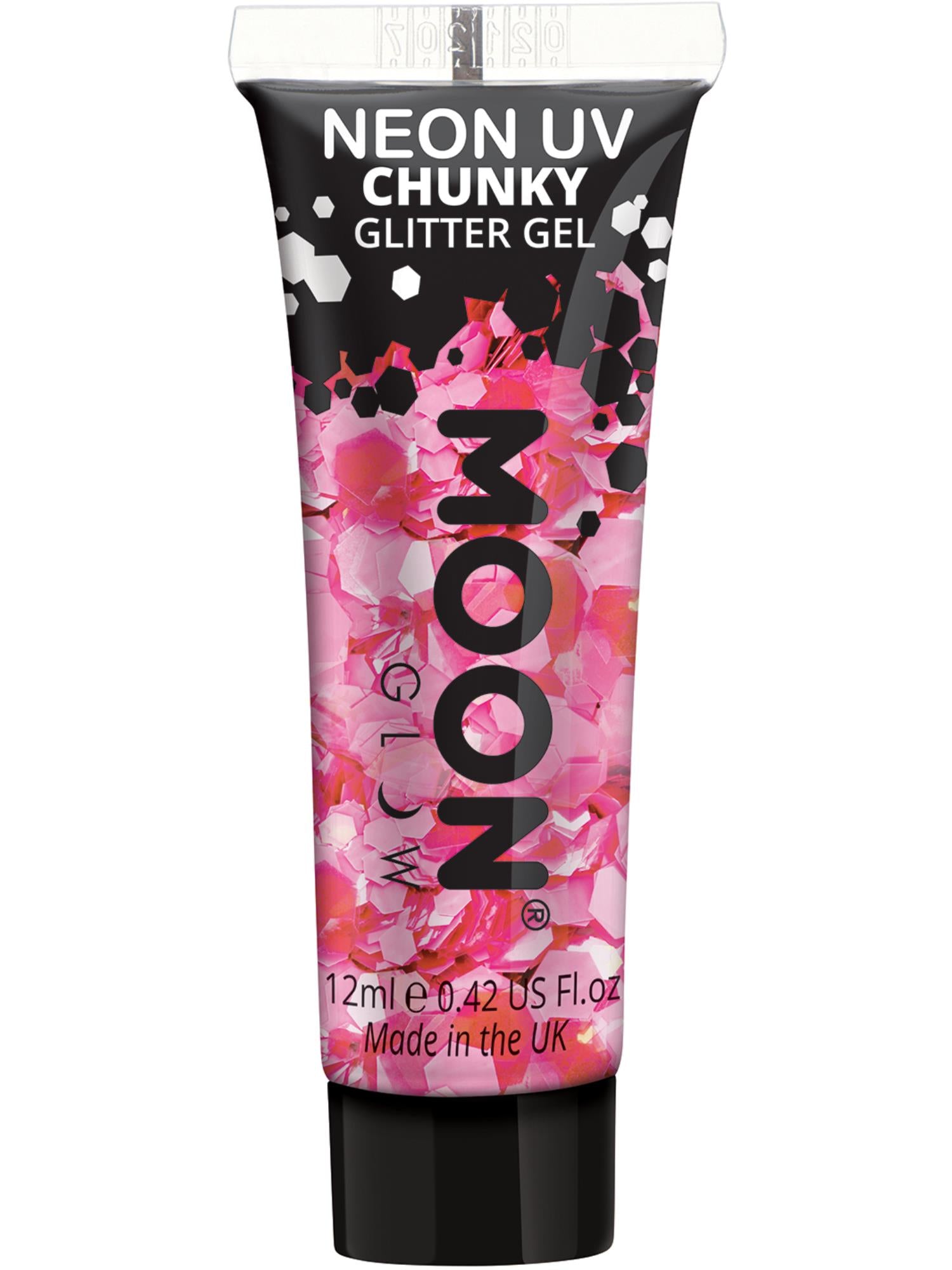 Moon Creations Glow Neon UV Chunky Glitter Gel, Hot Pink, 12ml Single